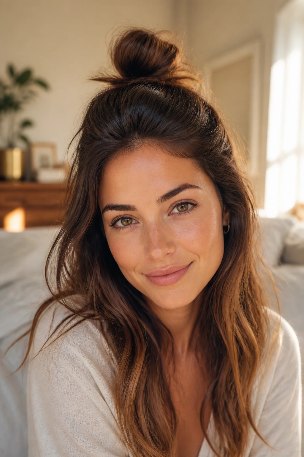 Close-up of a real woman with a half-up top knot hairstyle