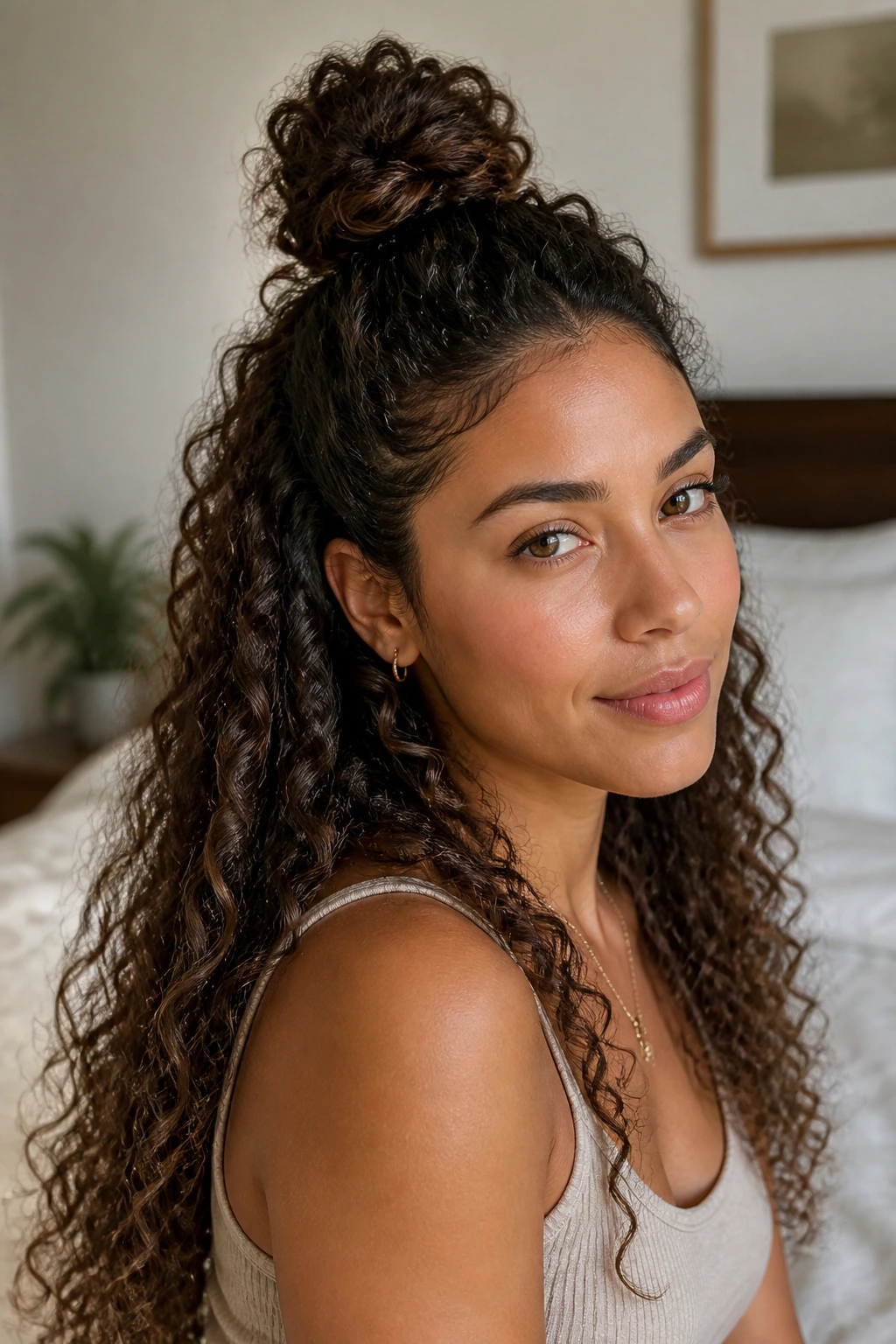 Real woman with half-up top knot hairstyle in a cozy bedroom