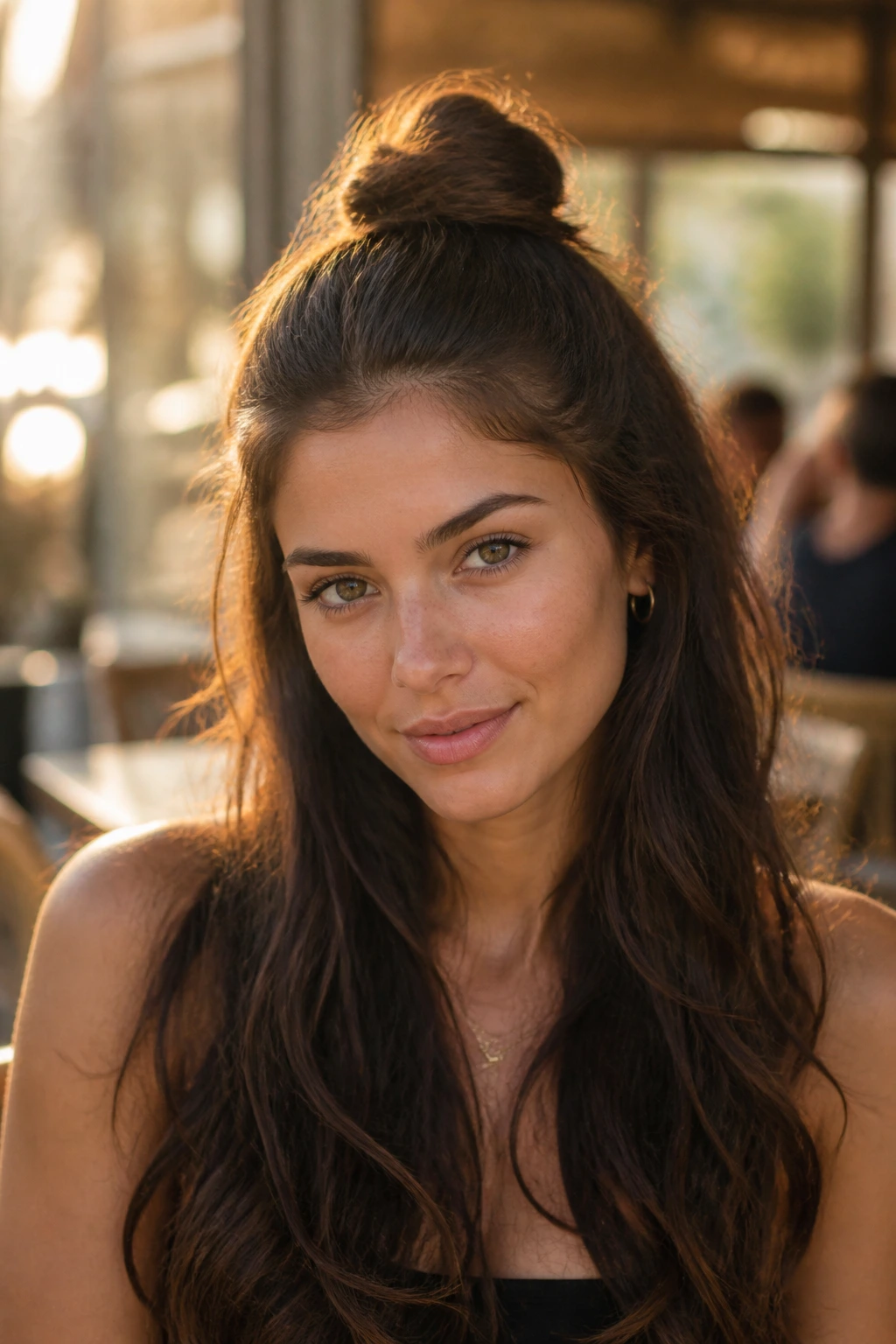 Portrait of a woman with a half-up top knot.