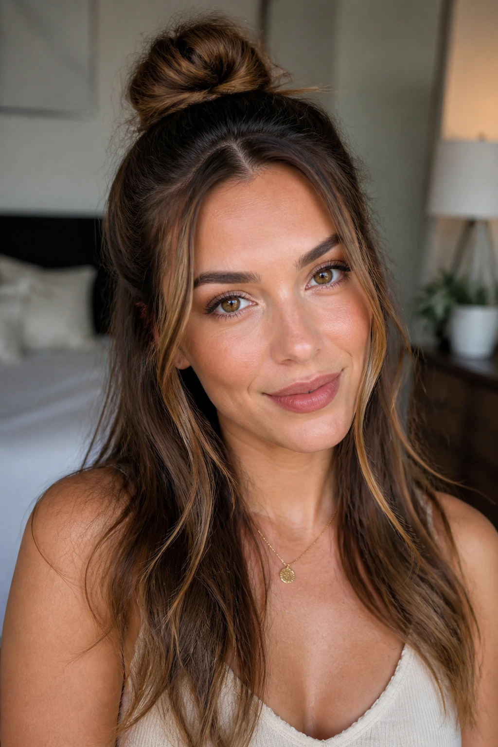 Close-up portrait of a real woman with a half-up, half-down top knot in softly lit room