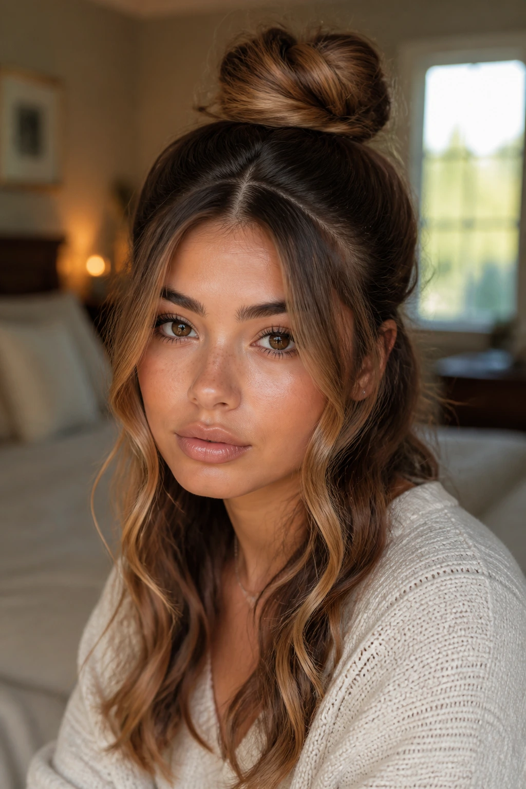 Real woman with half-up top knot and face-framing waves