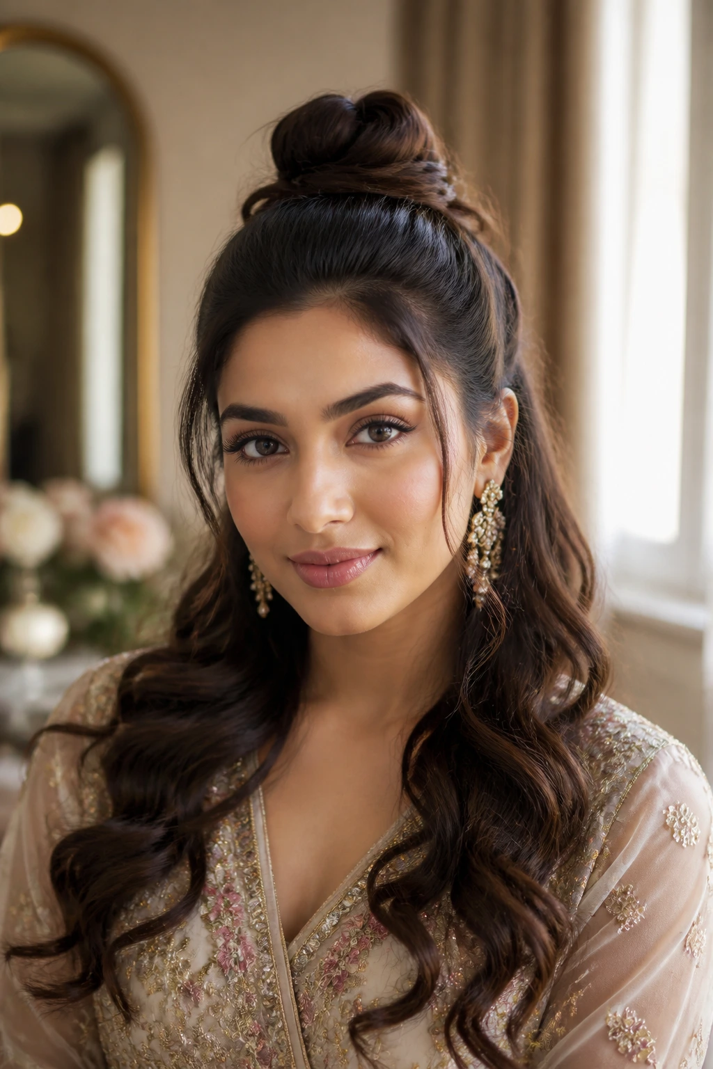 Close-up of a half-up top knot with loose waves in a bridal suite