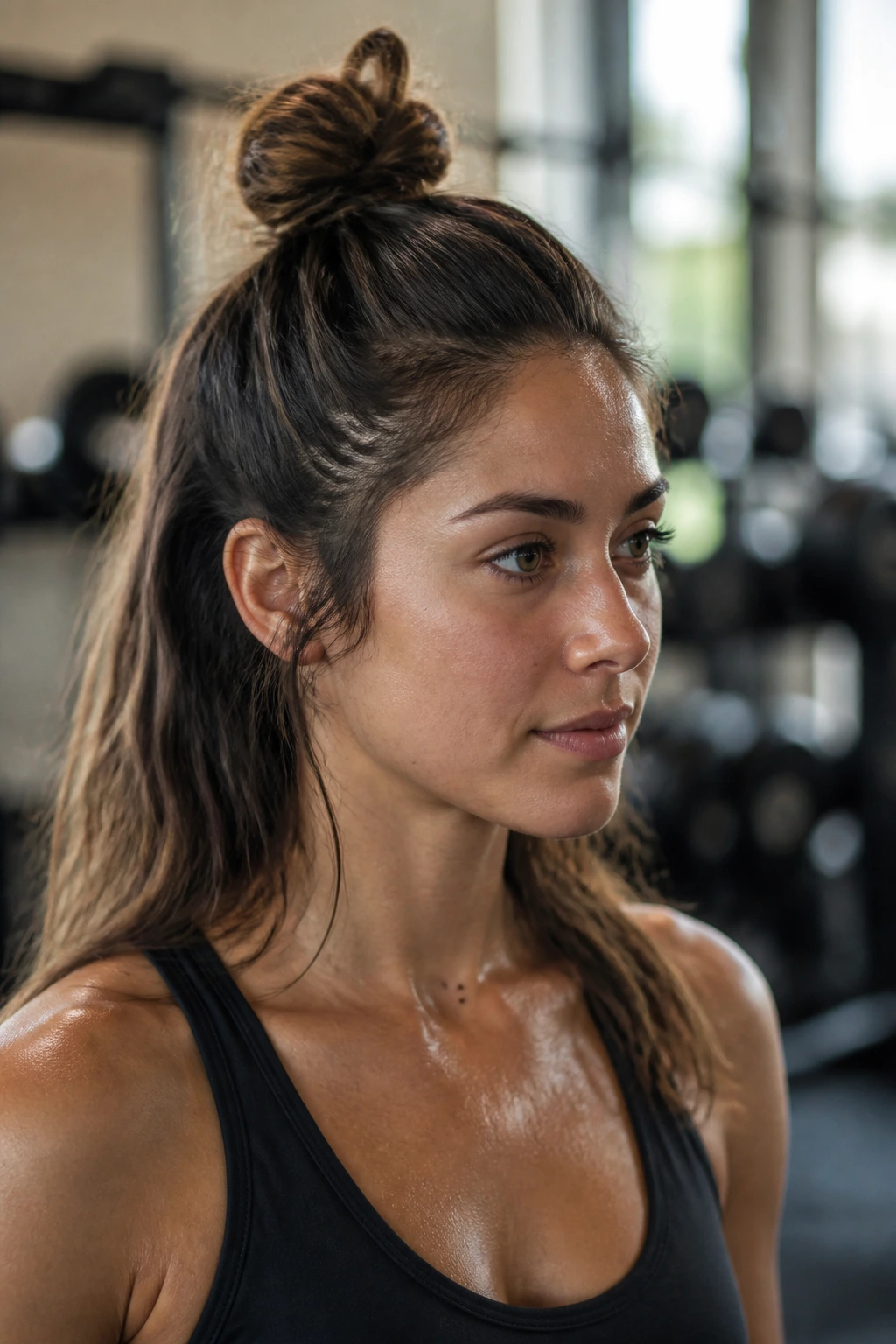 Real person with half-up top knot during workout