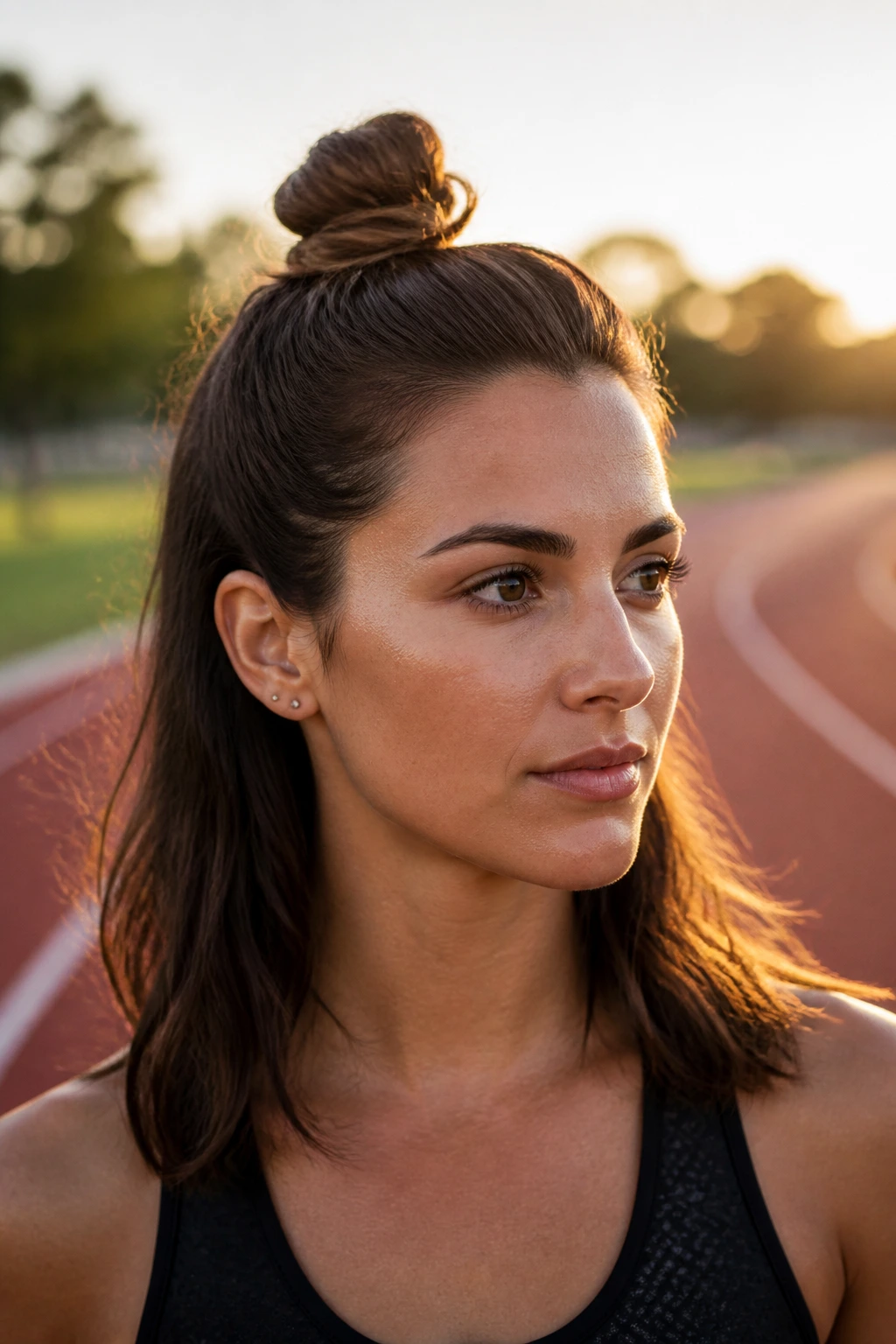 Real person with half-up top knot during outdoor run