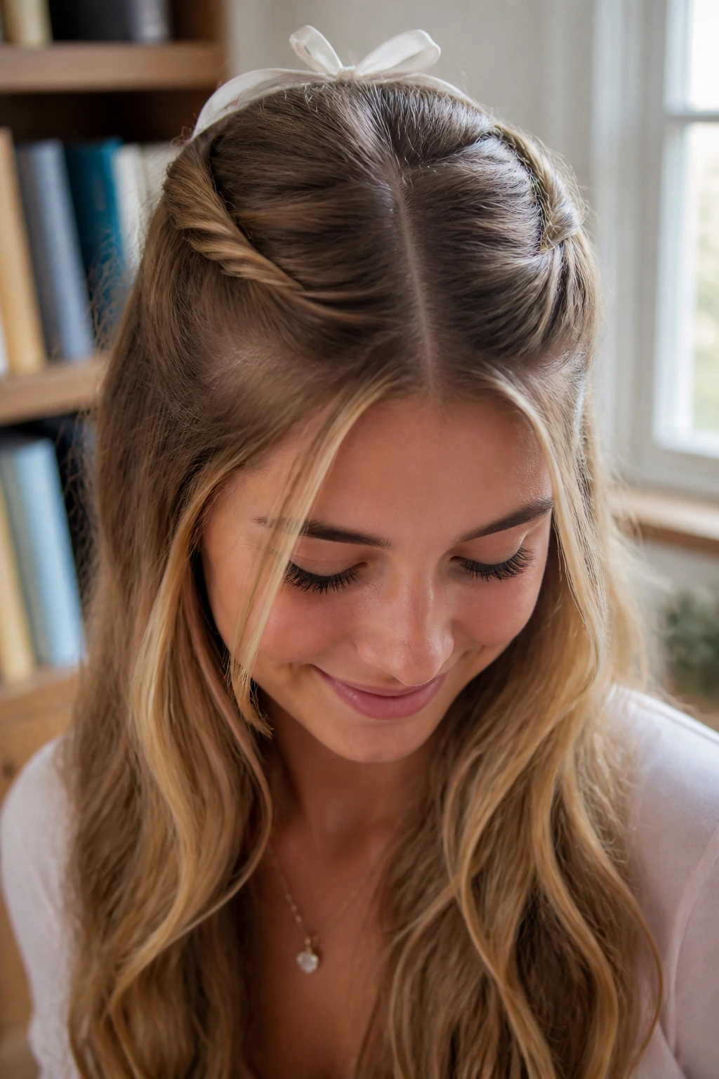 Close-up of a real person with half-up twisted crown hairstyle and bow