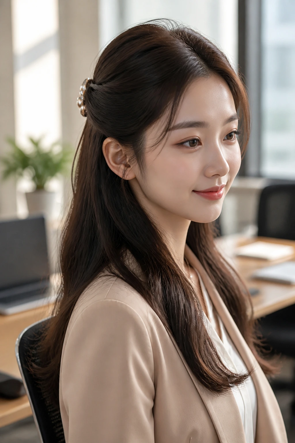 Close-up of a real woman with the Half-Up Twisted Style secured by a barrette in an office setting