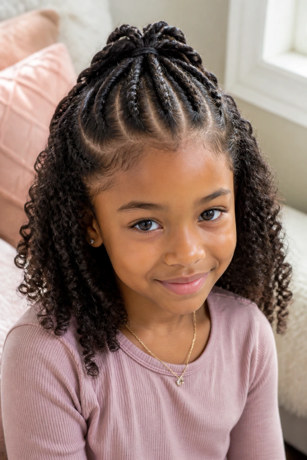 Close-up of a child with half-up half-down mini twists