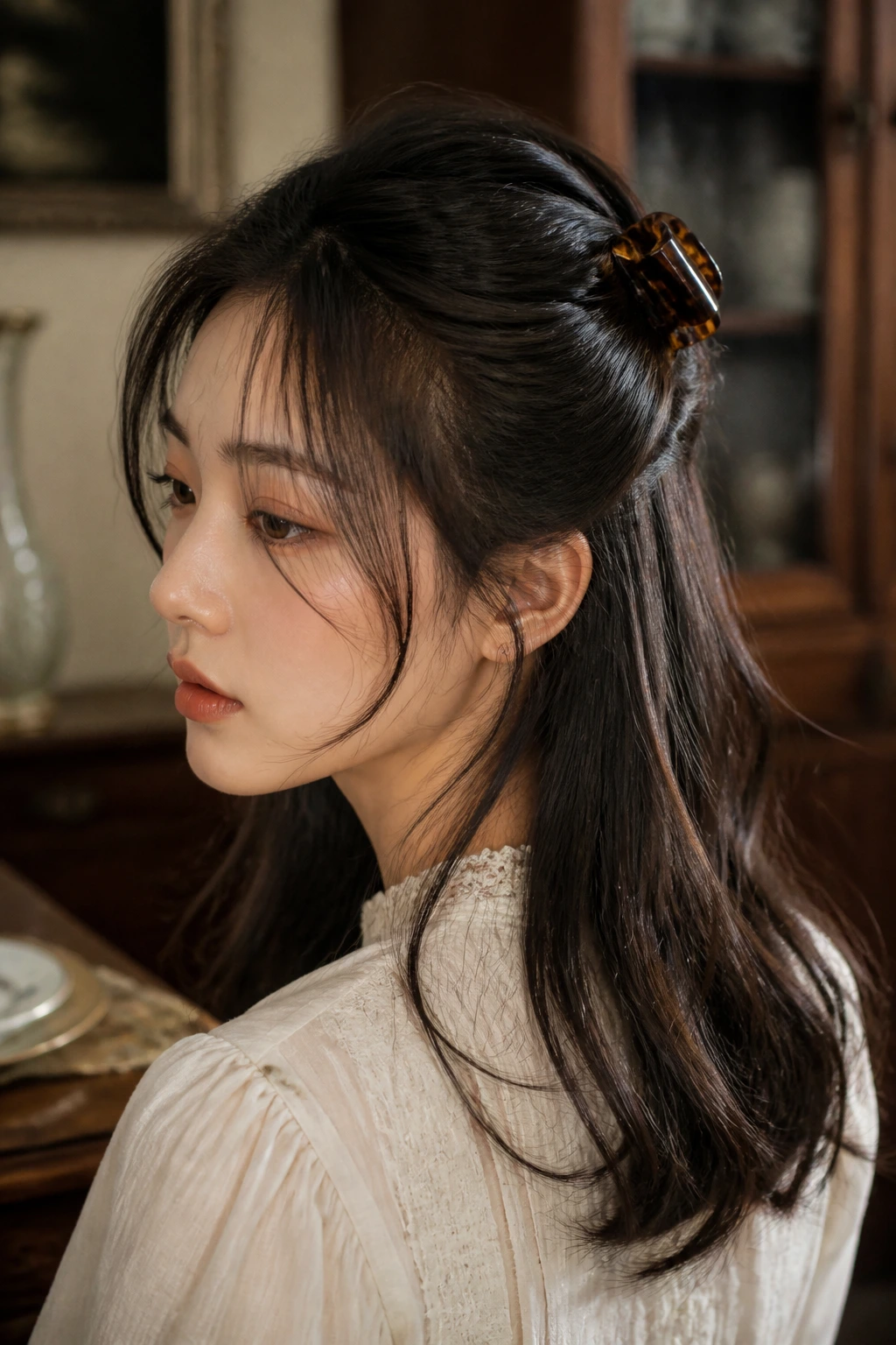 Half-up hairstyle with vintage barrette on a real woman in a cottage study