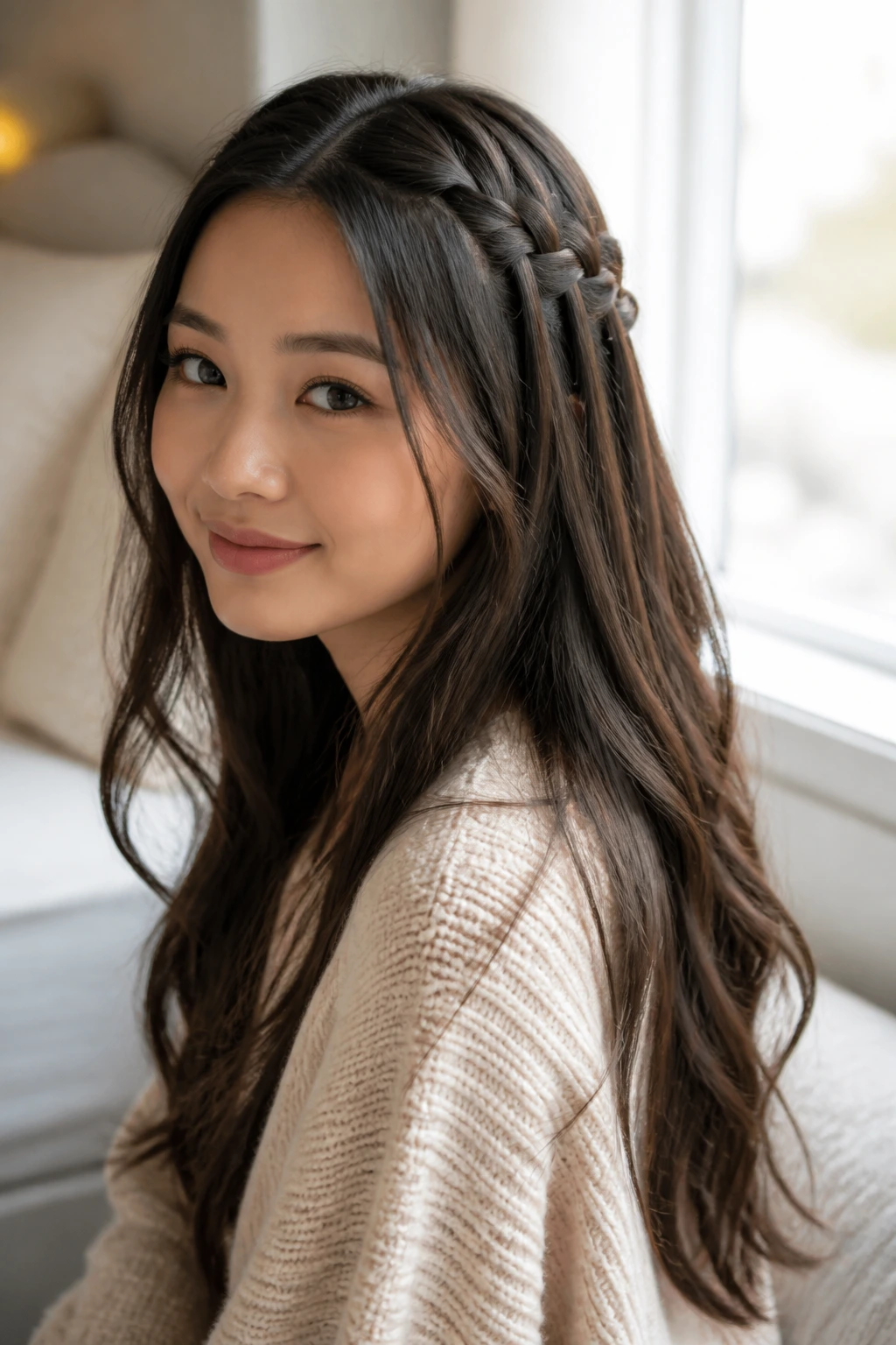 Close-up of a woman with a half-up waterfall braid
