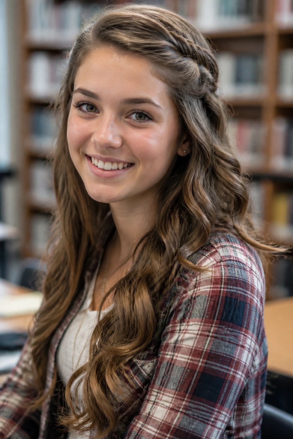 Close-up of a real student with a half-up waterfall hairstyle