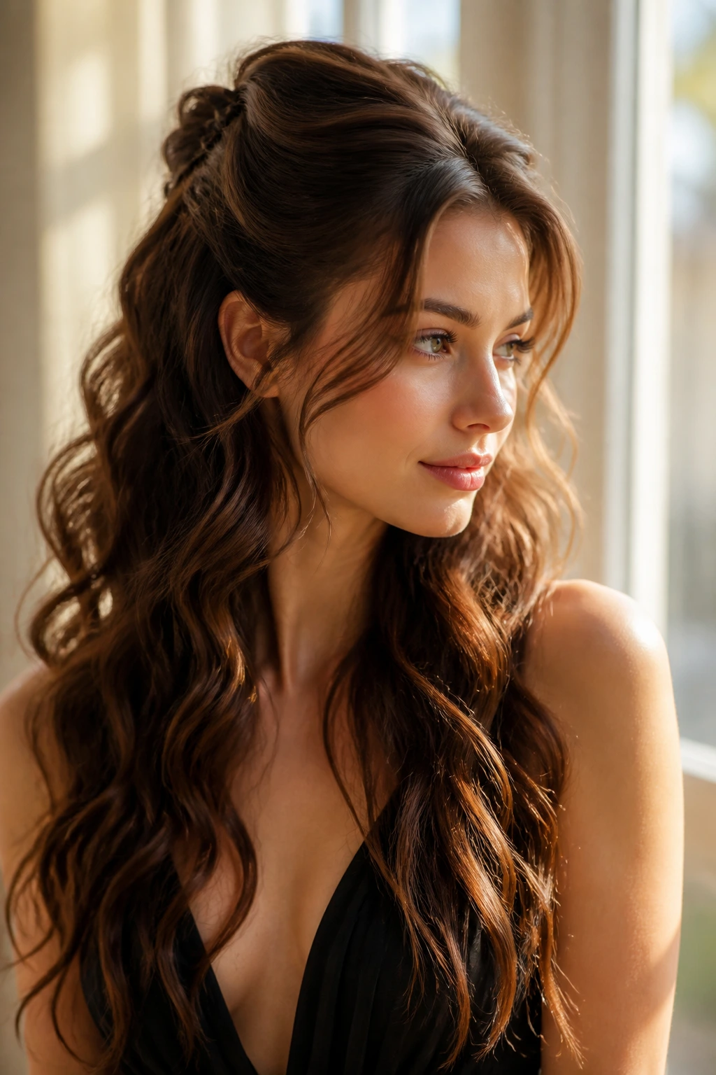 Portrait of a real woman with half-up waves cascading down, pinned back.