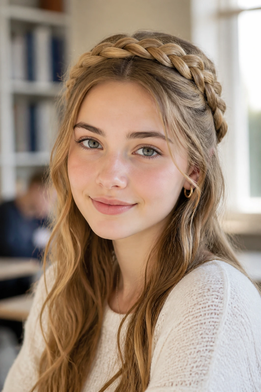 Close-up of a real person with halo braid around crown in a bright classroom setting