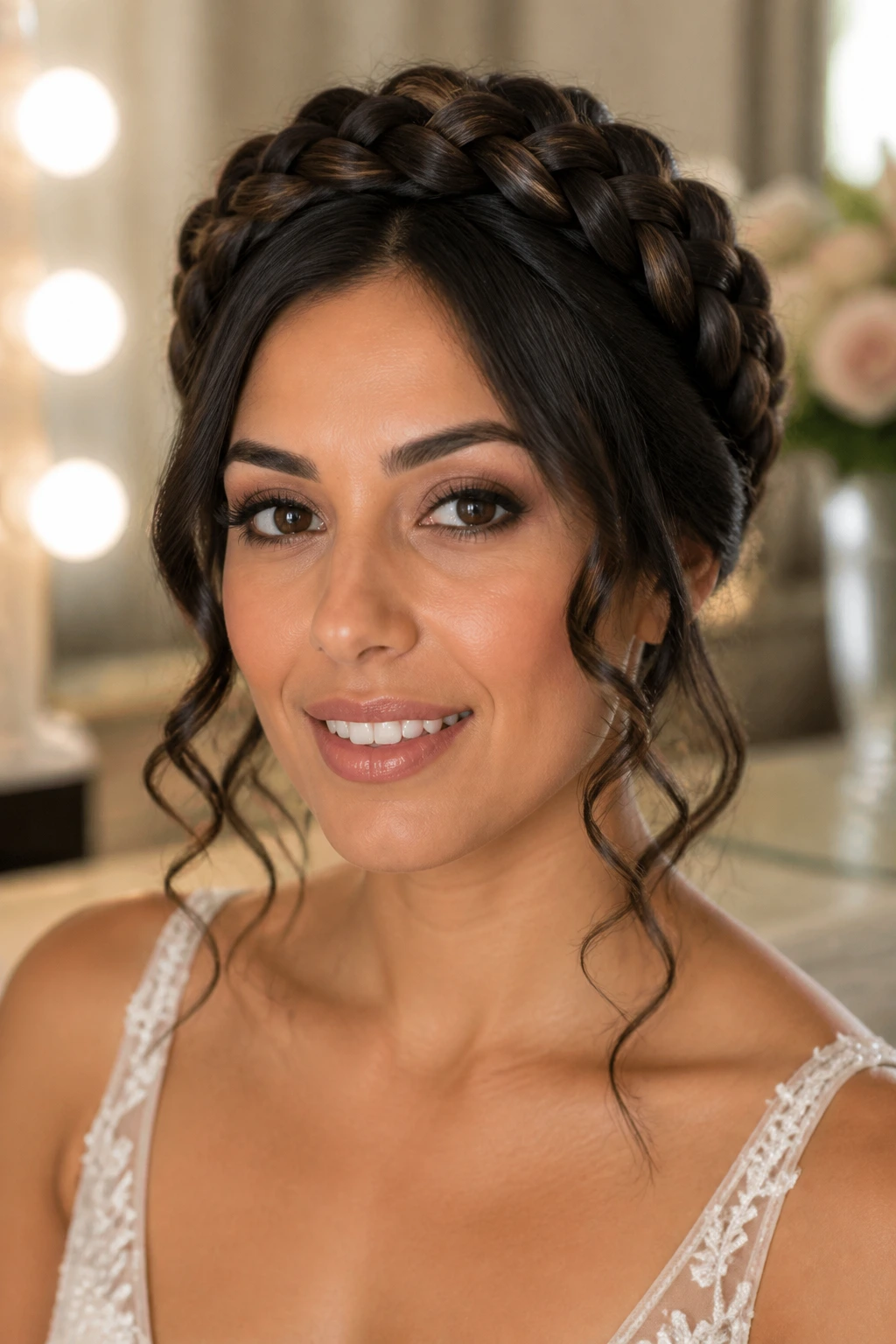 Portrait of woman with halo braid and curly tendrils