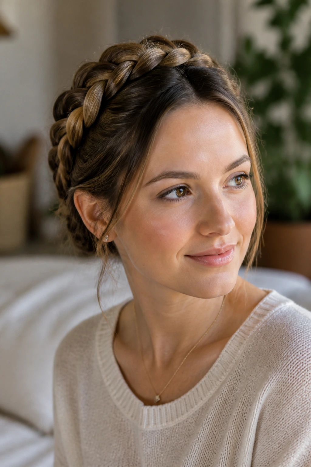 Close-up of a real woman wearing a halo braid hairstyle in a softly lit bedroom