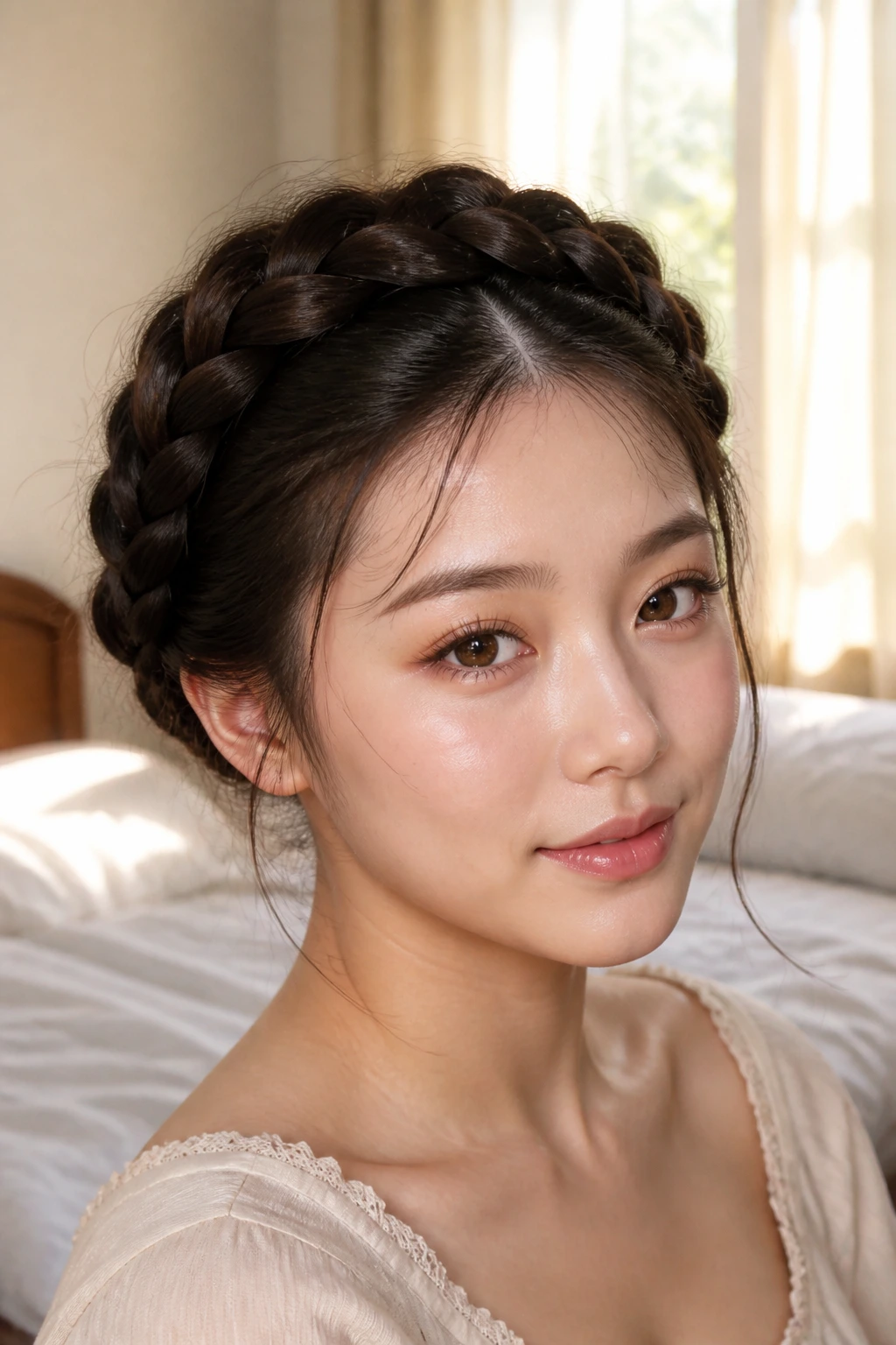 Close-up of a real woman wearing an elegant halo braid around her head in warm bedroom light