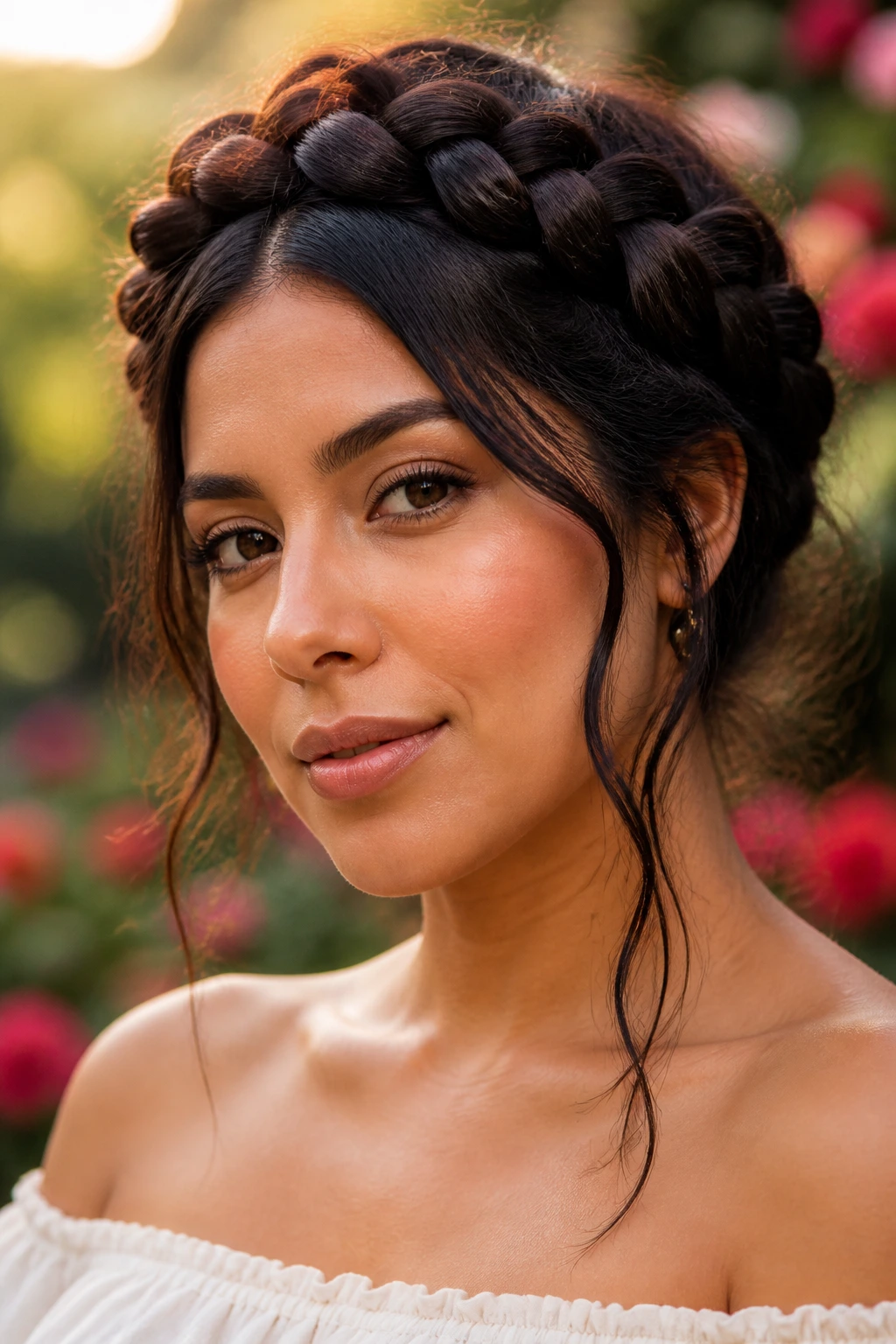 Close-up of a Latina woman with a braided halo updo
