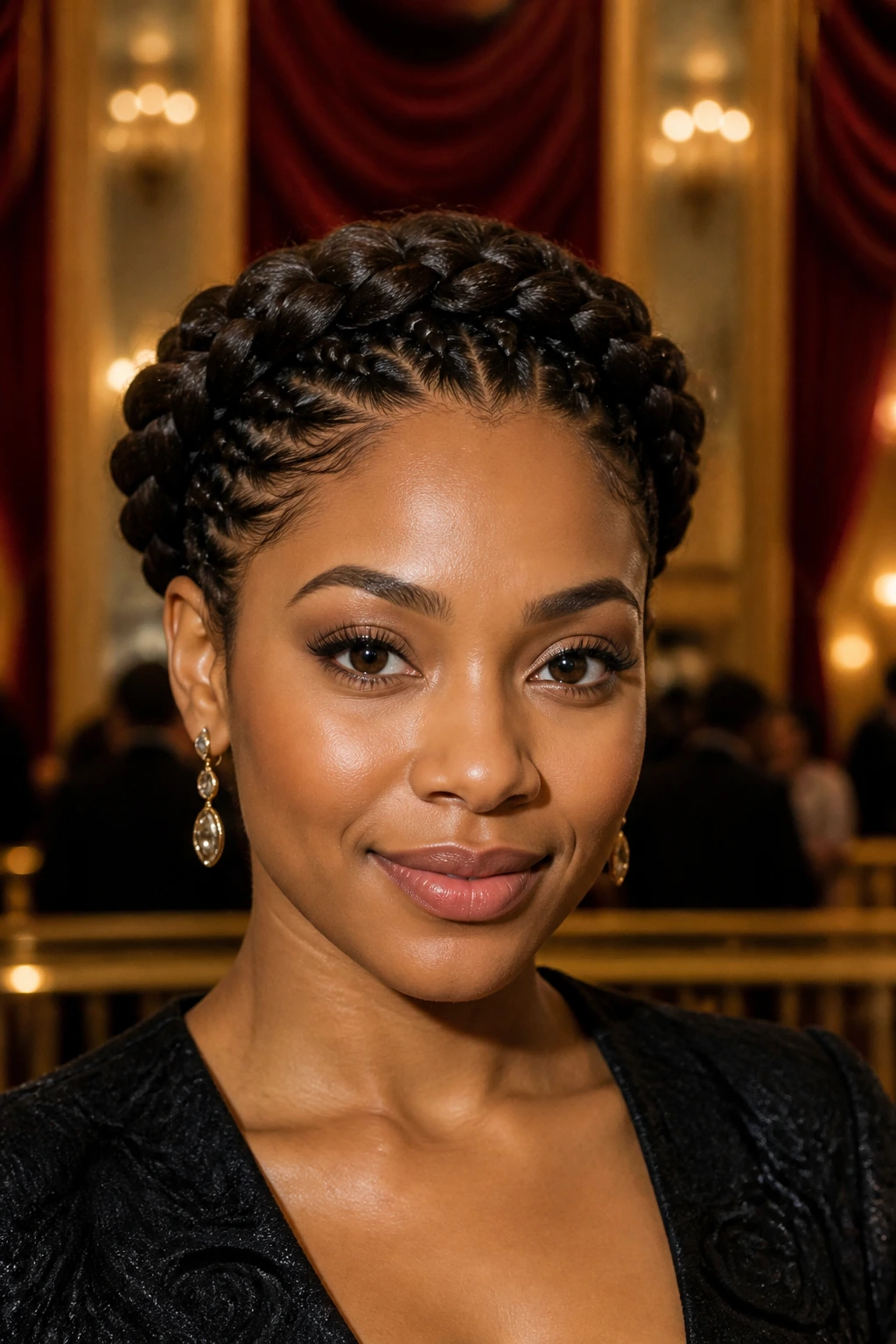 Portrait of a real person wearing a wrap-around halo braid in a theatre setting