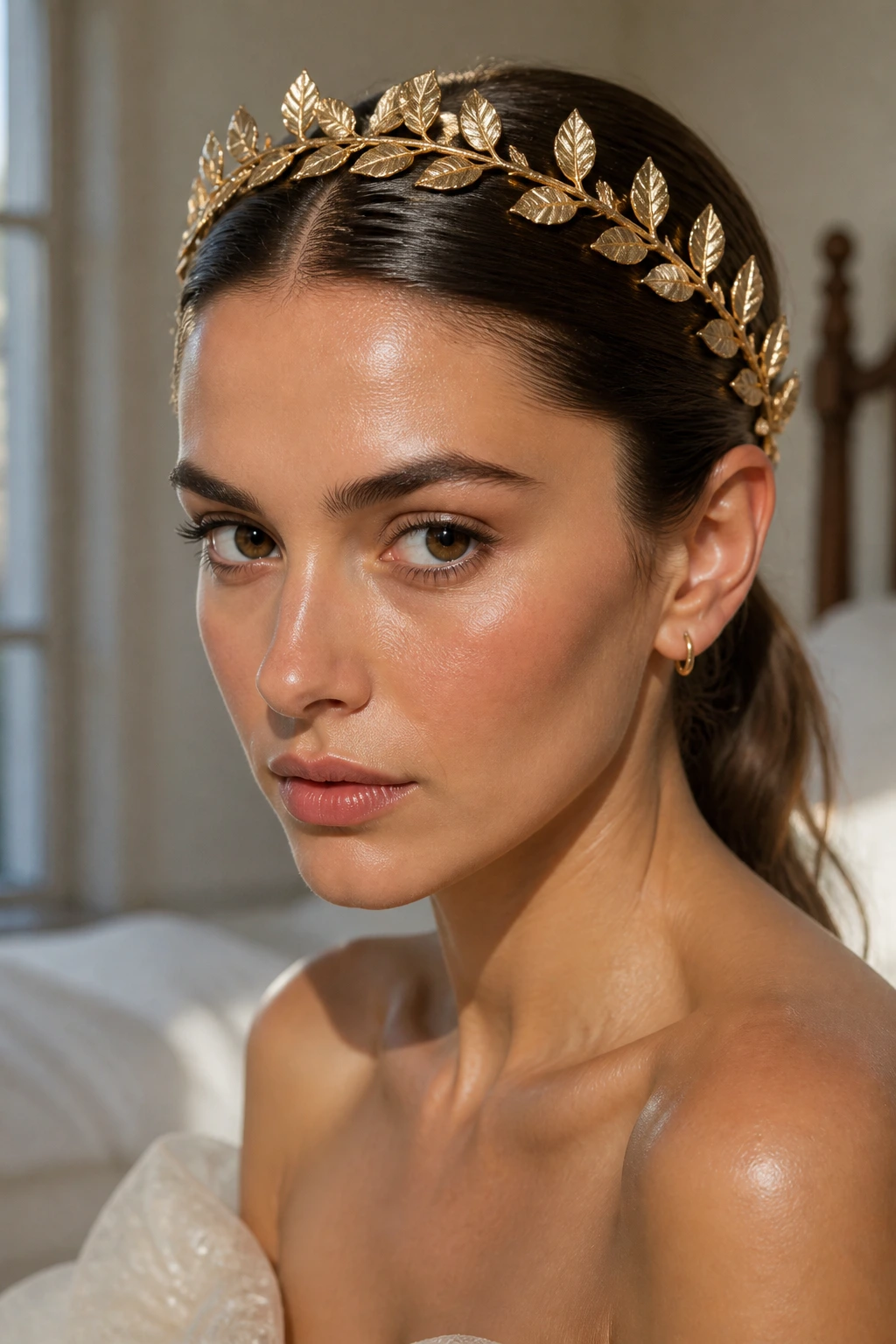 Close-up portrait of a real woman wearing a gold metallic leaf halo crown, hair pulled back.