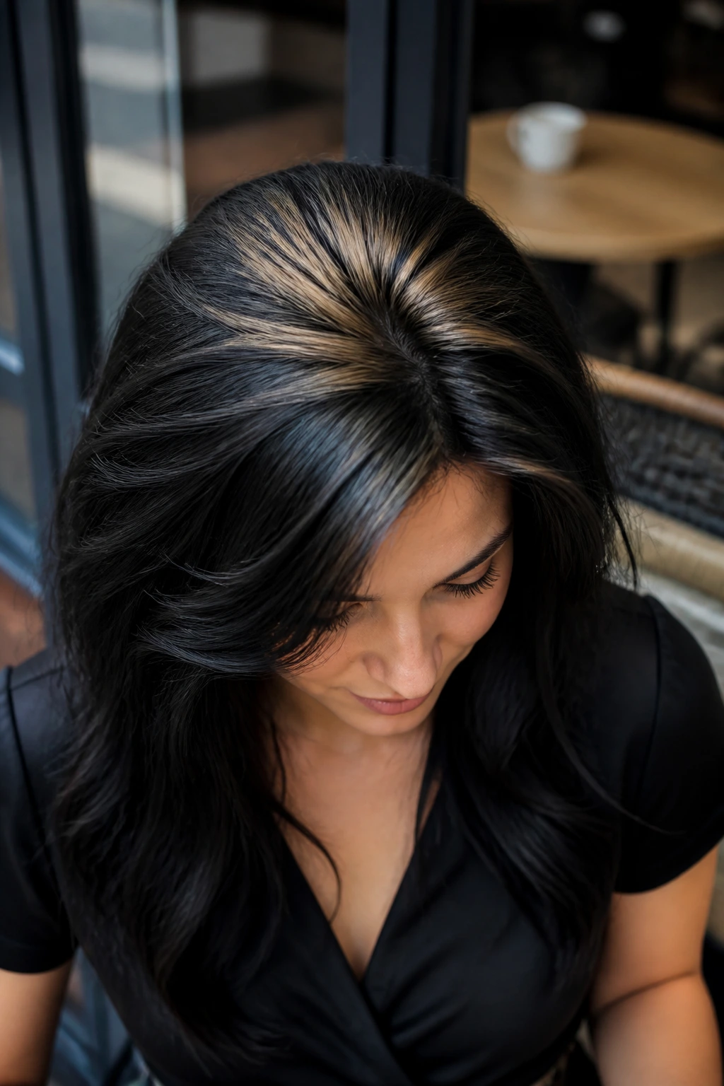 Real person with metallic gold halo highlights at the crown on black hair
