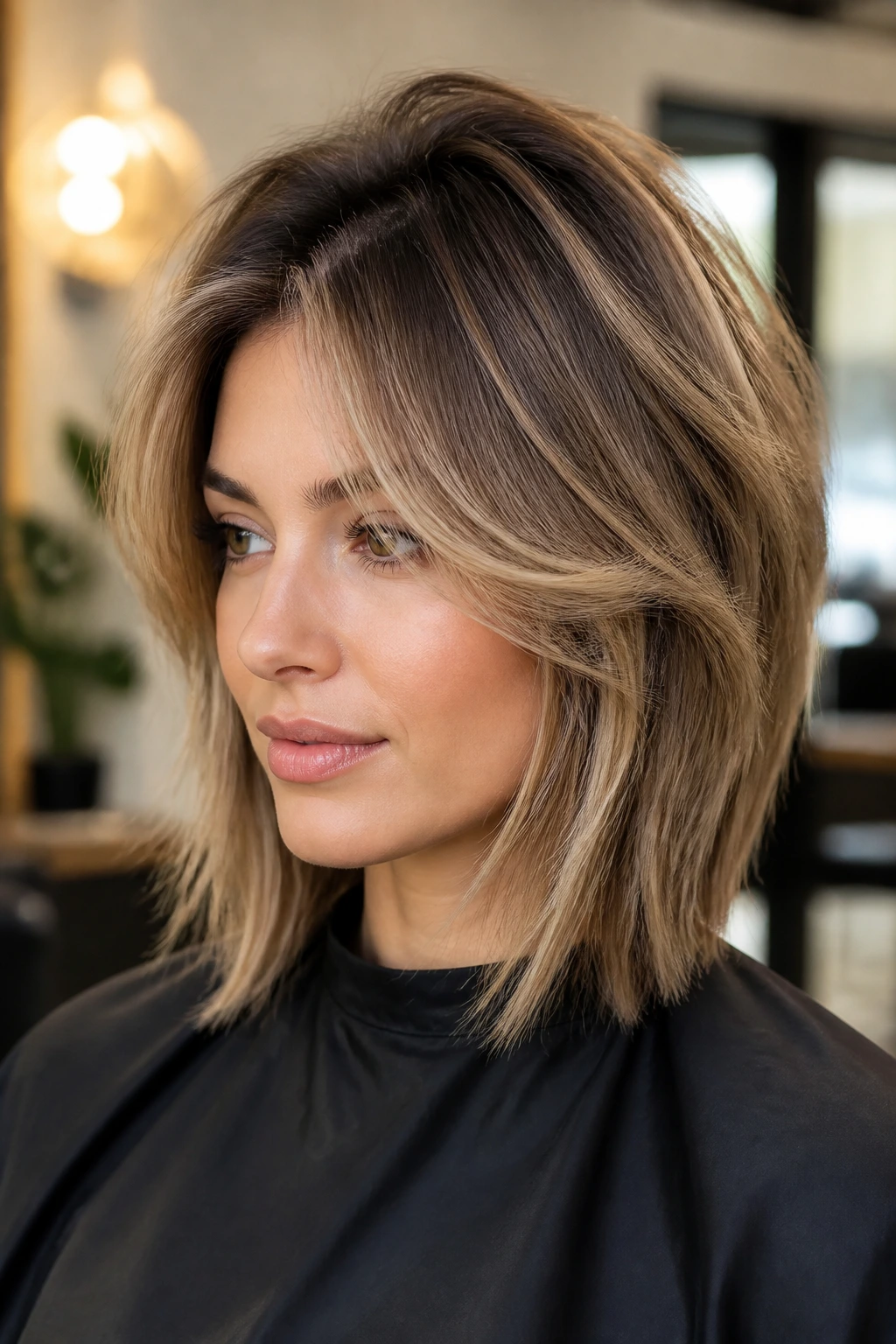 Close-up portrait of a real woman with a face-framing halo layer on a medium bob, salon lighting.