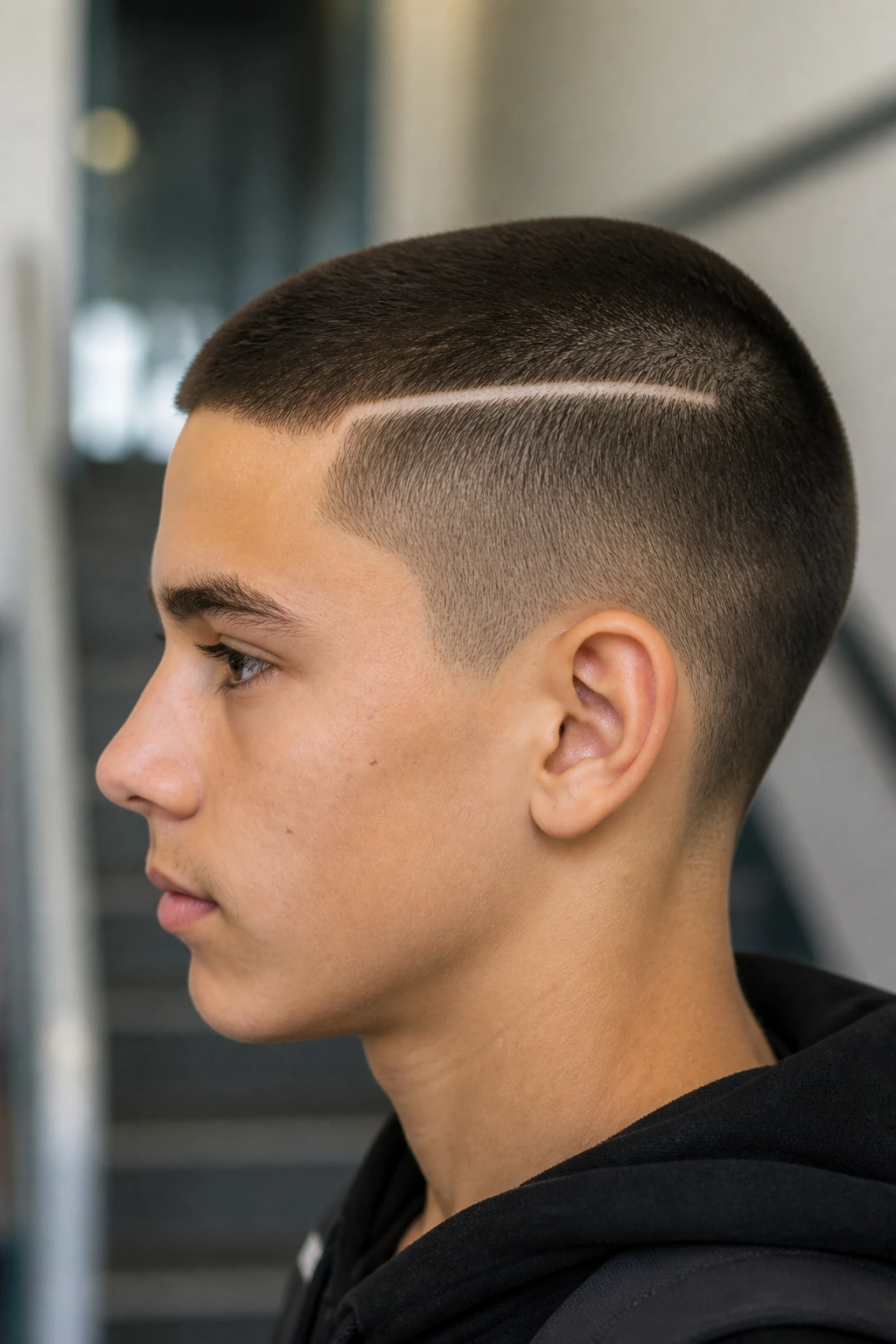 Side profile of a student showing a hard part in buzz cut