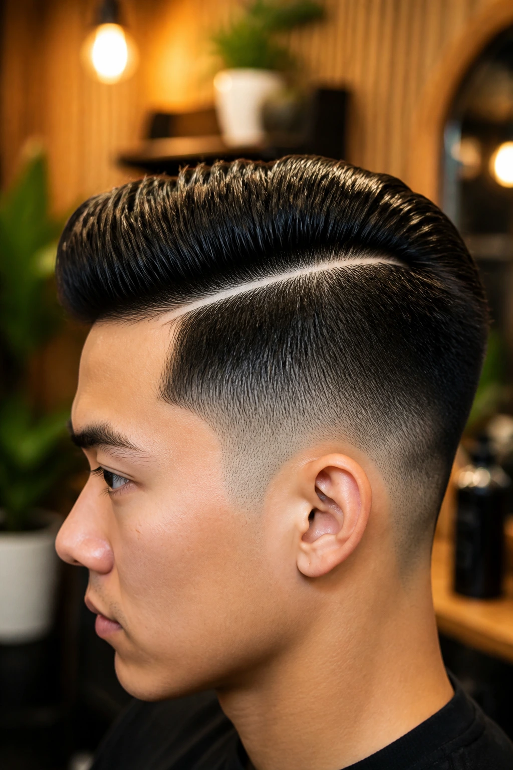 Profile of a real person showing a hard part edge along the hairstyle.