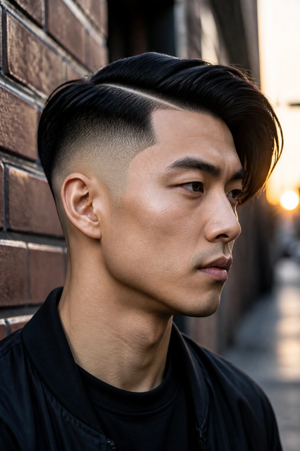 Asian man with hard part and side-swept fade