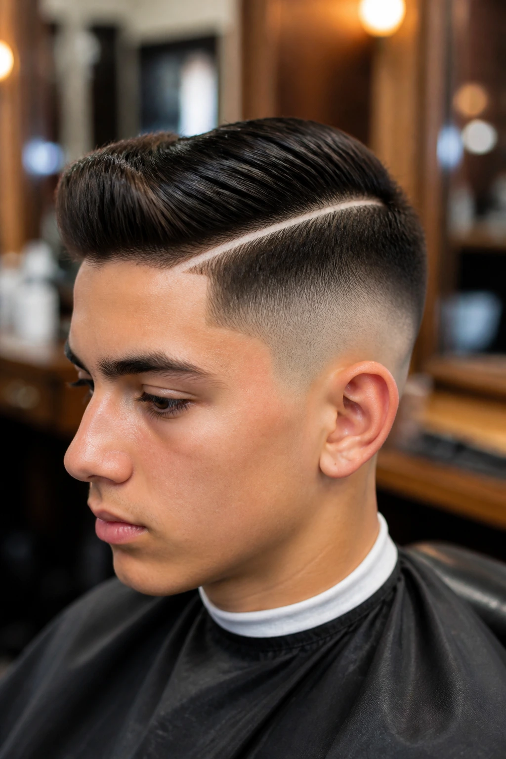 Teen with hard-part fade hairstyle in barber shop lighting
