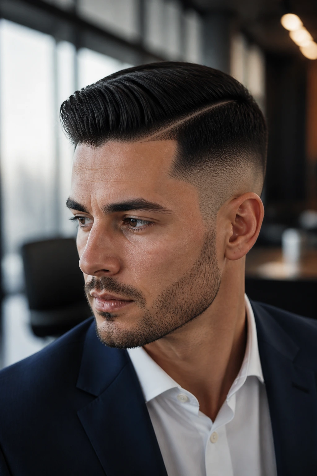 Close-up portrait of a man with a hard-part and high taper in a modern office