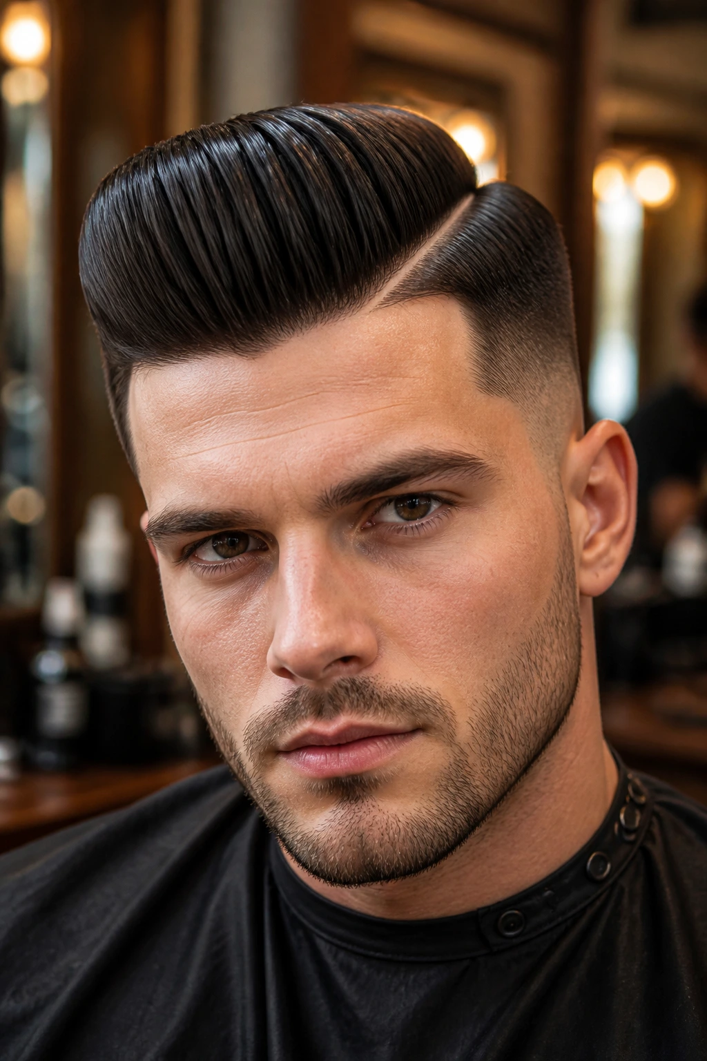 Man with hard part pompadour showing a clean shaved line.
