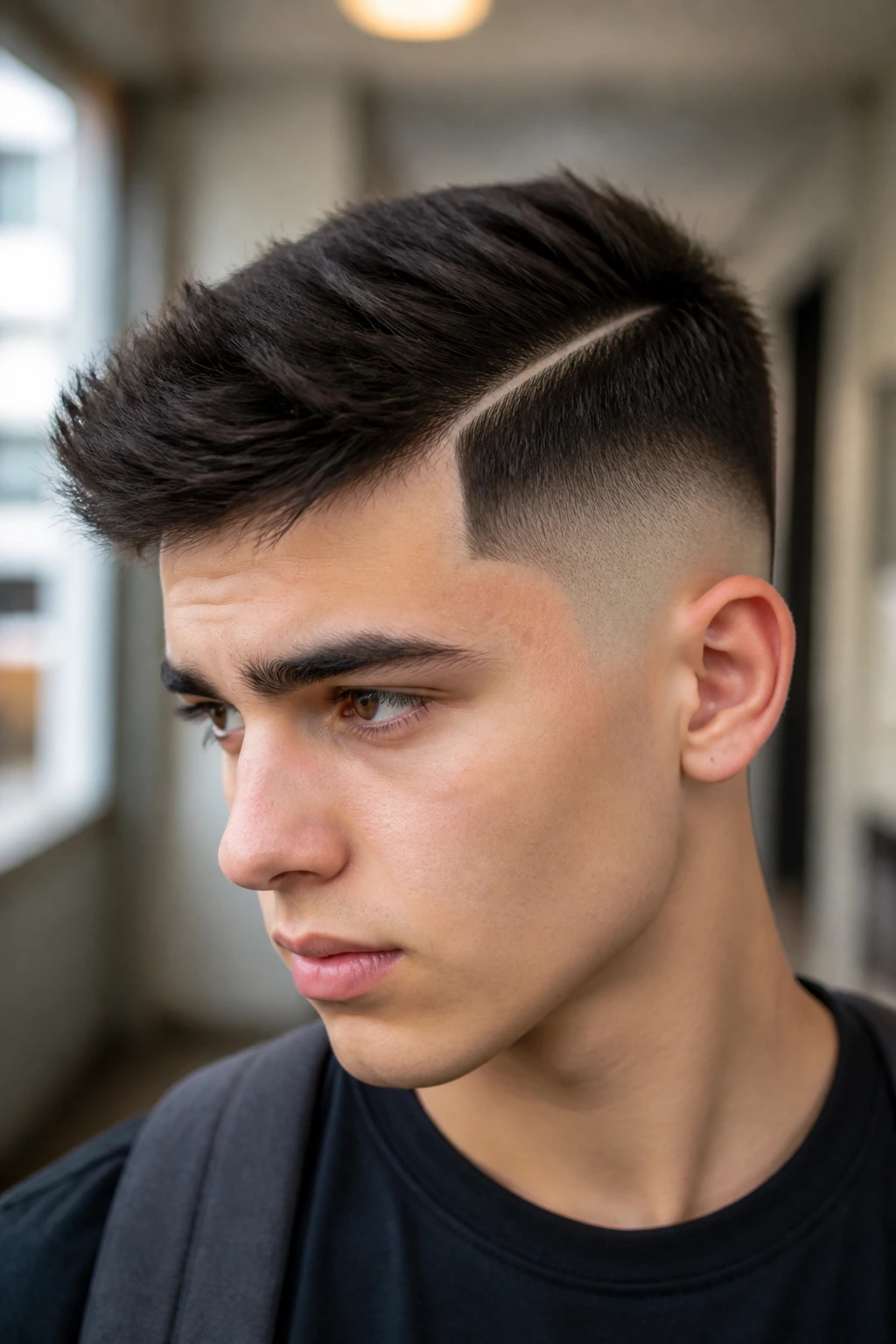 Close-up of a real teenage boy with a hard part and taper fade