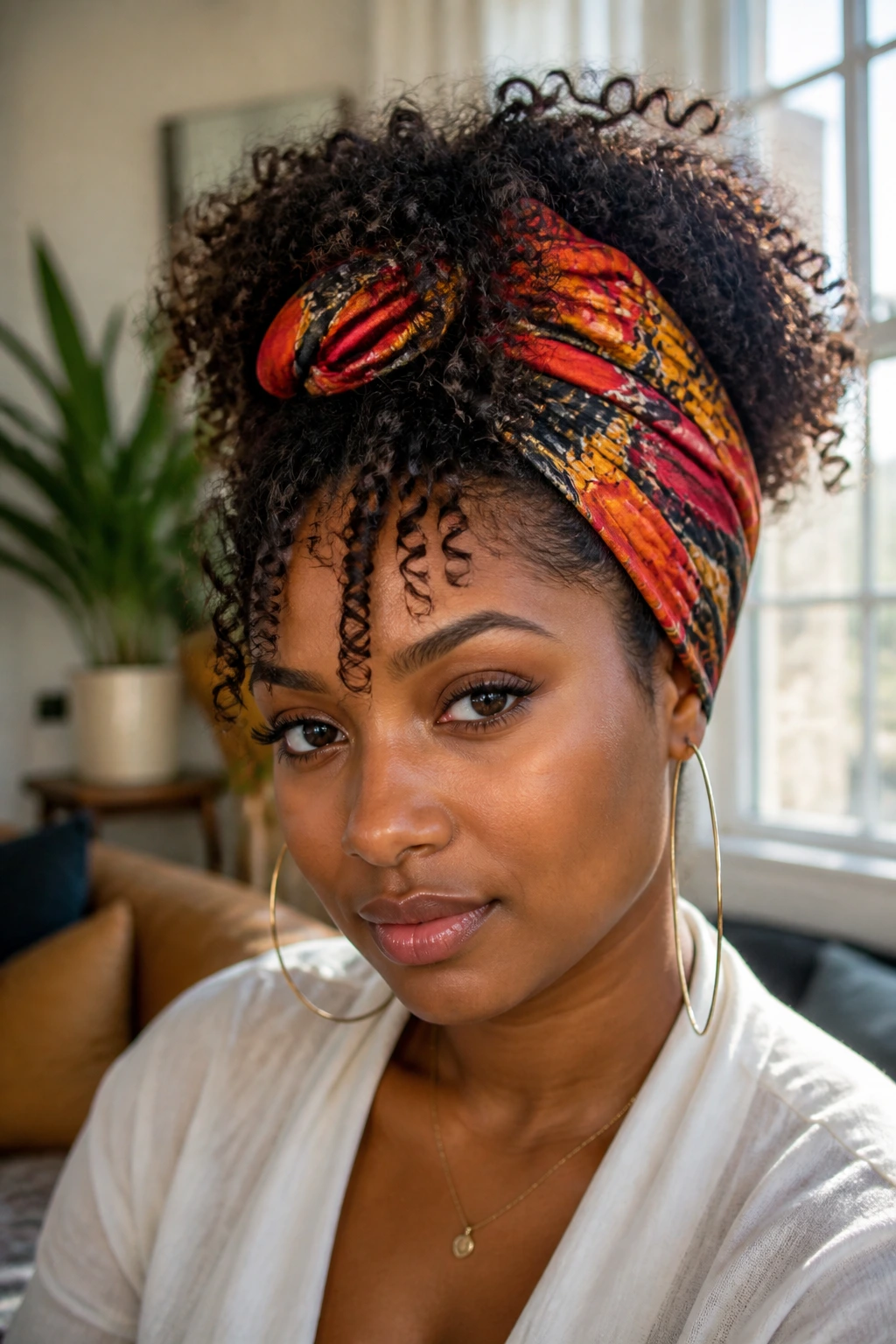 Close-up portrait of a real woman wearing a vivid head-wrap with curls spilling from the front.