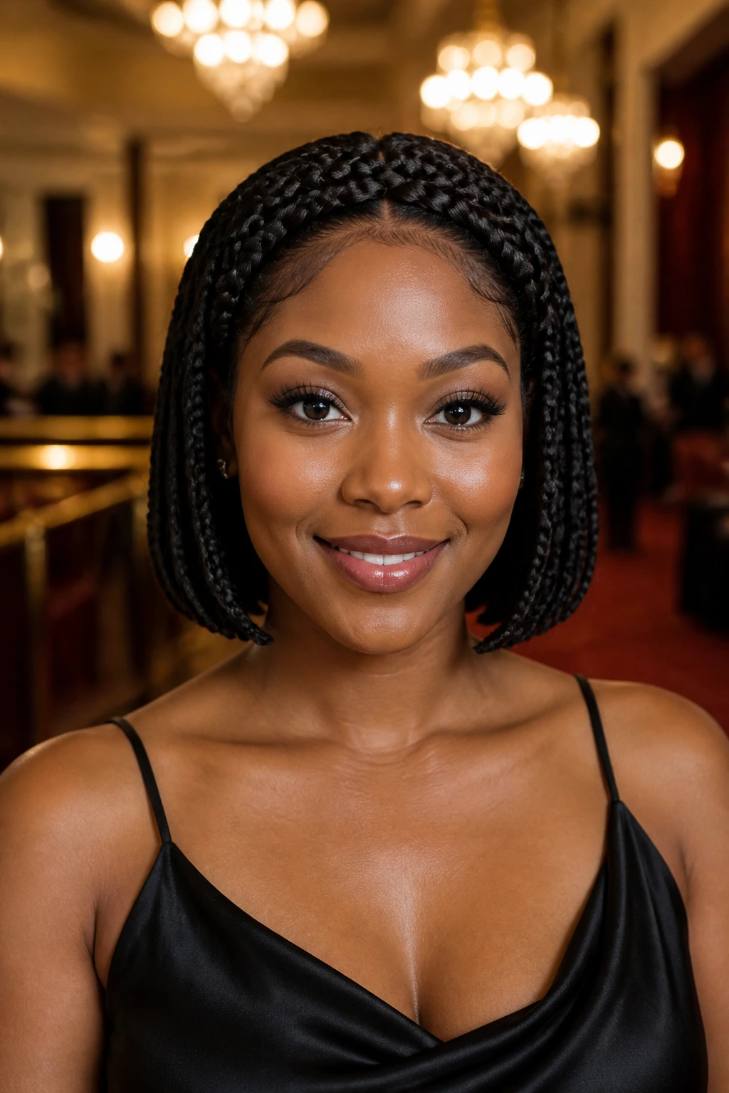 Close-up of a real woman wearing a braided bob with a crown headband braid.
