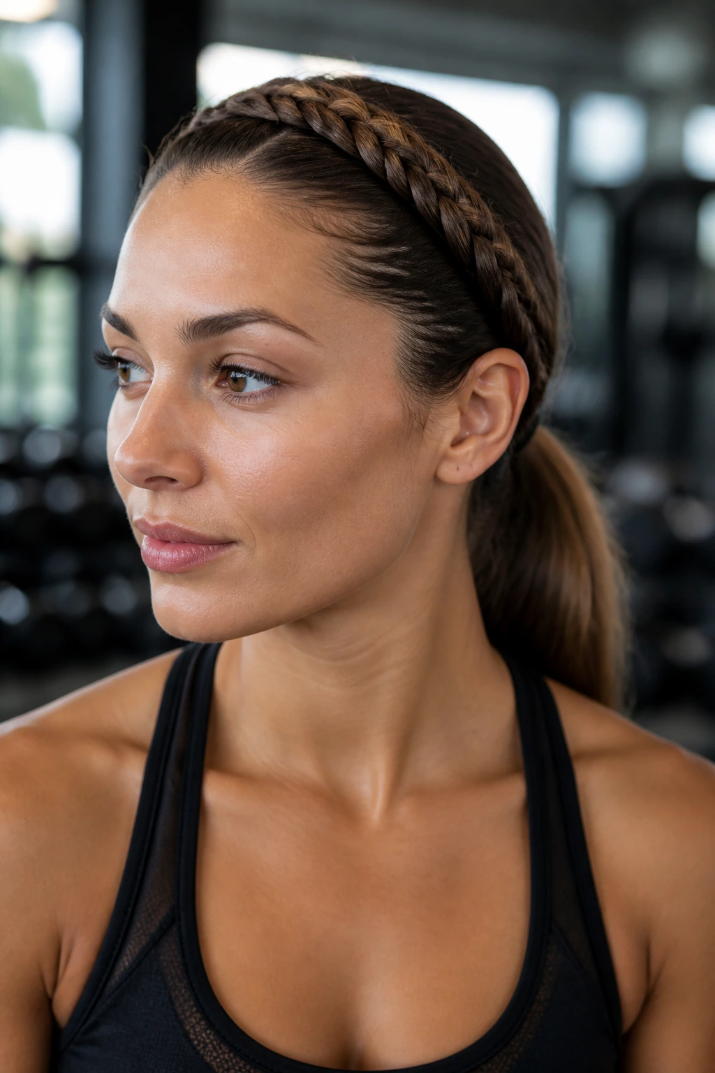 Close-up of a woman with a headband-style braid along the hairline into a low ponytail in a gym setting