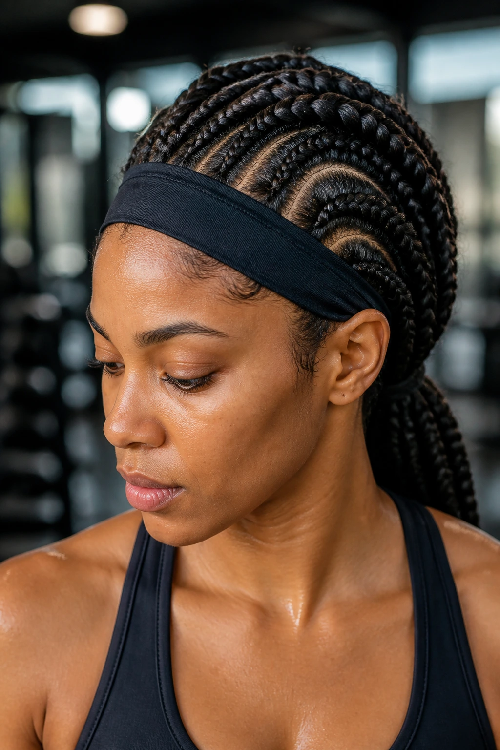 Close-up of goddess cornrows integrated with a headband on a real woman during workout.