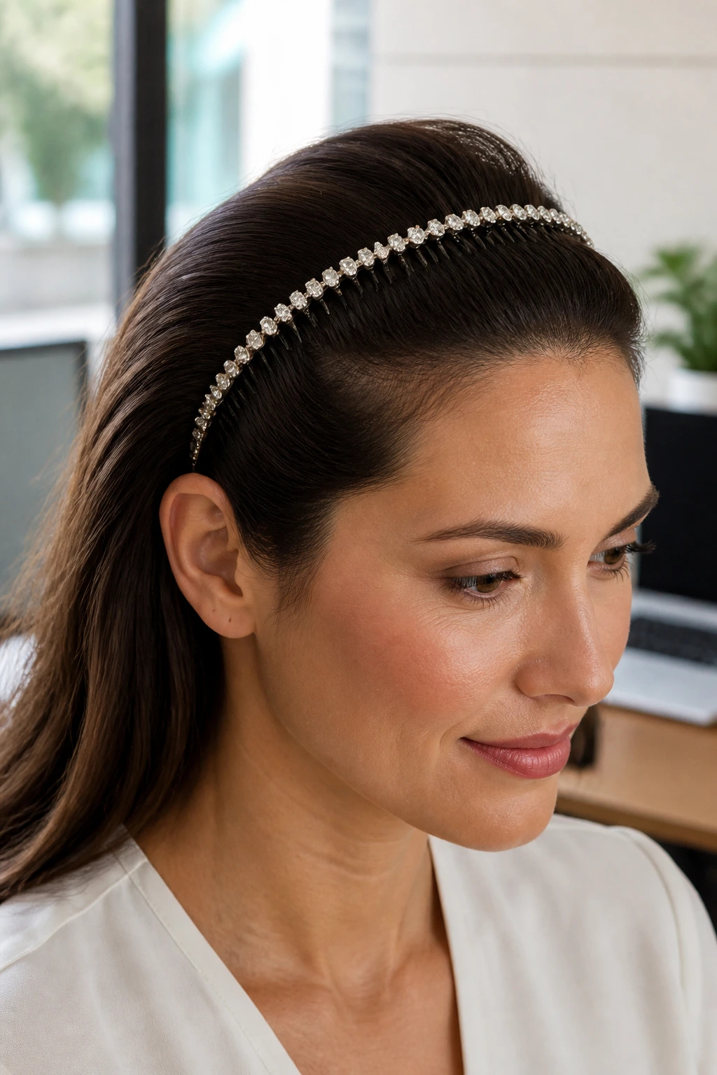 Headband comb with crystals holding hair back