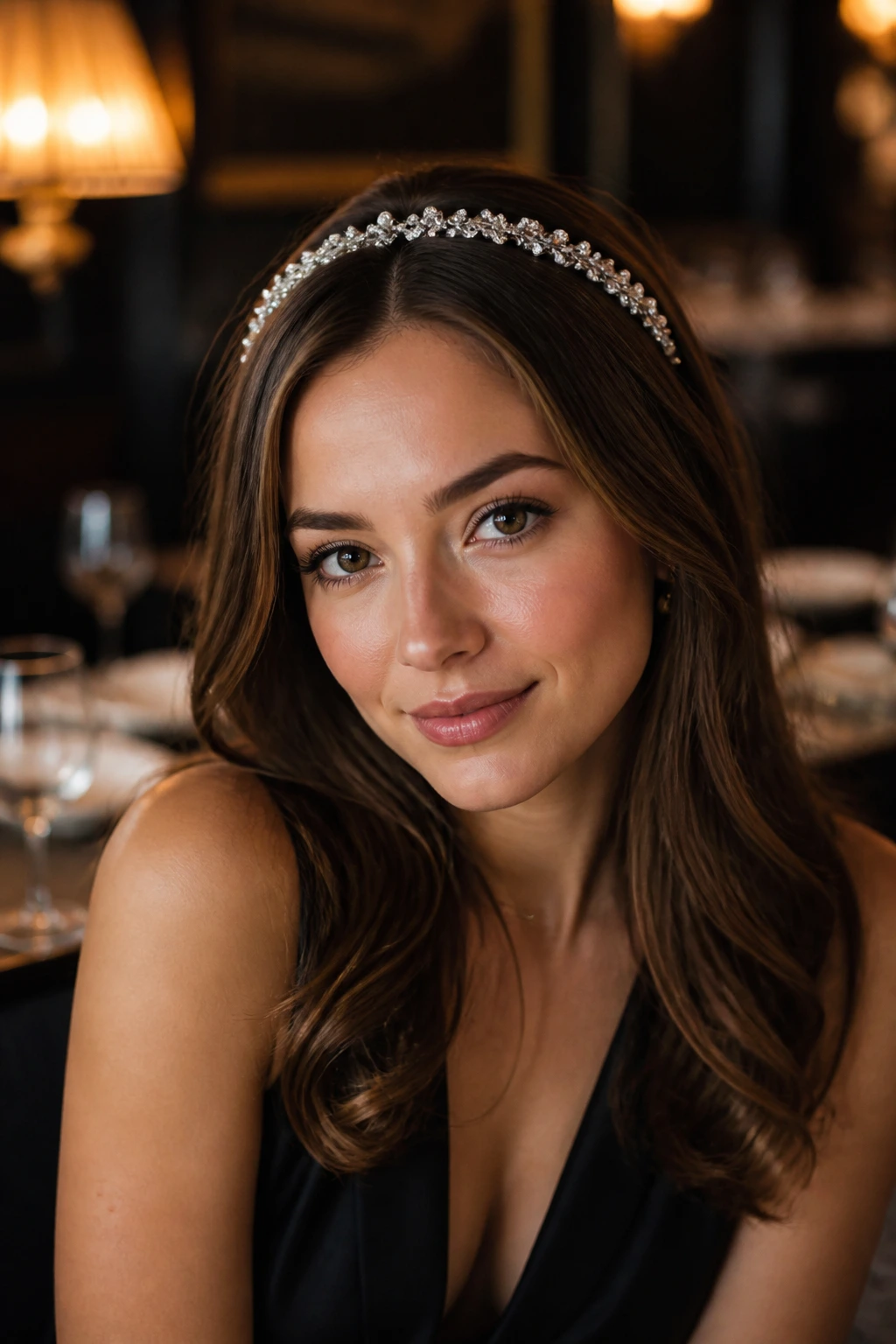 Real woman with embellished headband in elegant date-night hairstyle.