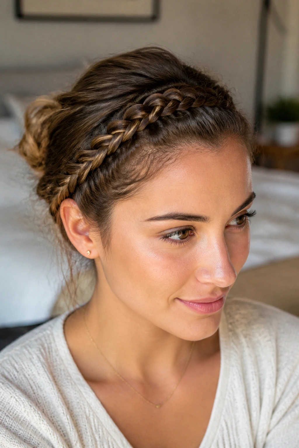 Close-up of a real person wearing a headband inverted braid along the hairline.