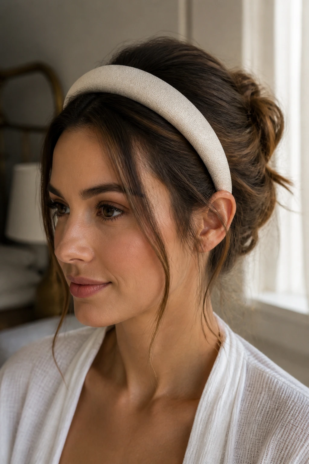 Close-up of a real woman with forward headband and hair poof