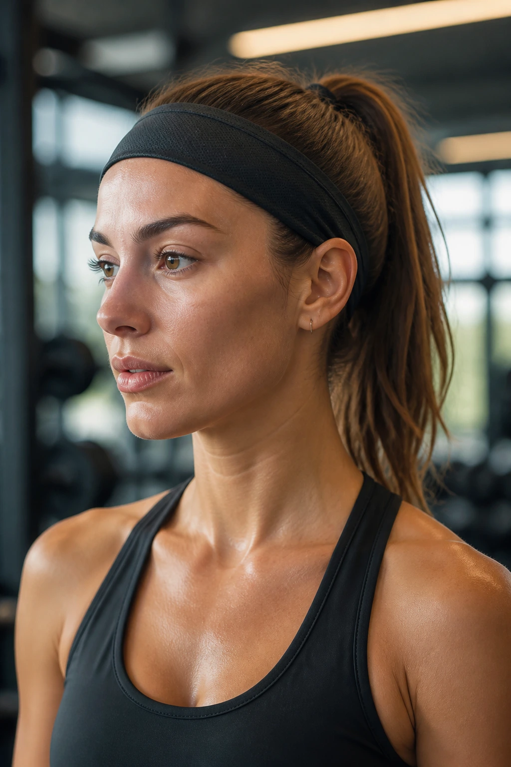 Real person with sport headband and ponytail during workout