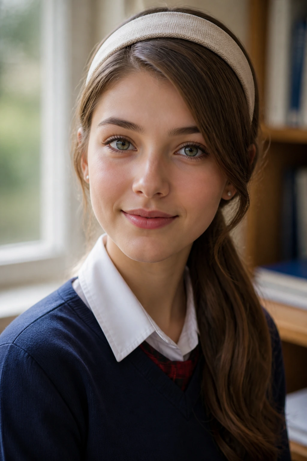 Close-up of a real person wearing a neutral fabric headband with side-swept hair