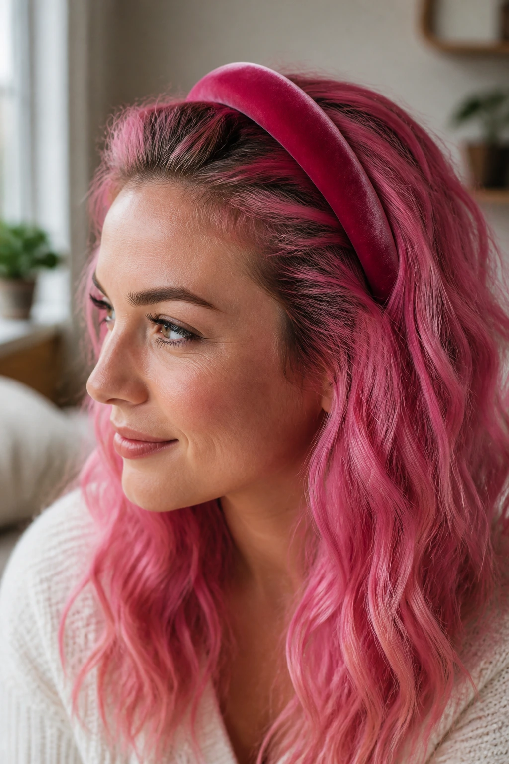 Real person with textured pink hair and a thick headband close-up portrait