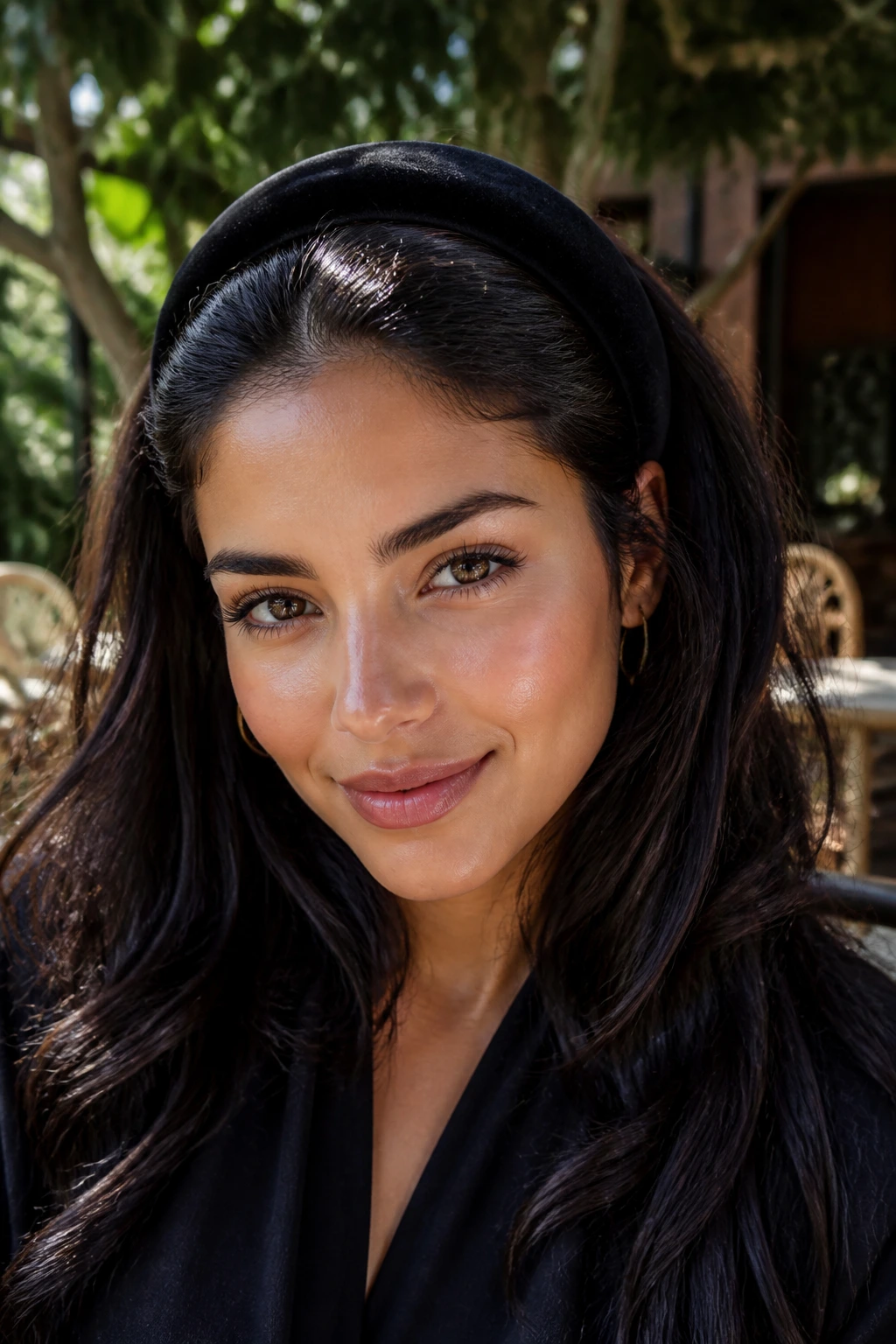 Close-up of a real Latina woman with a sleek headband hairstyle