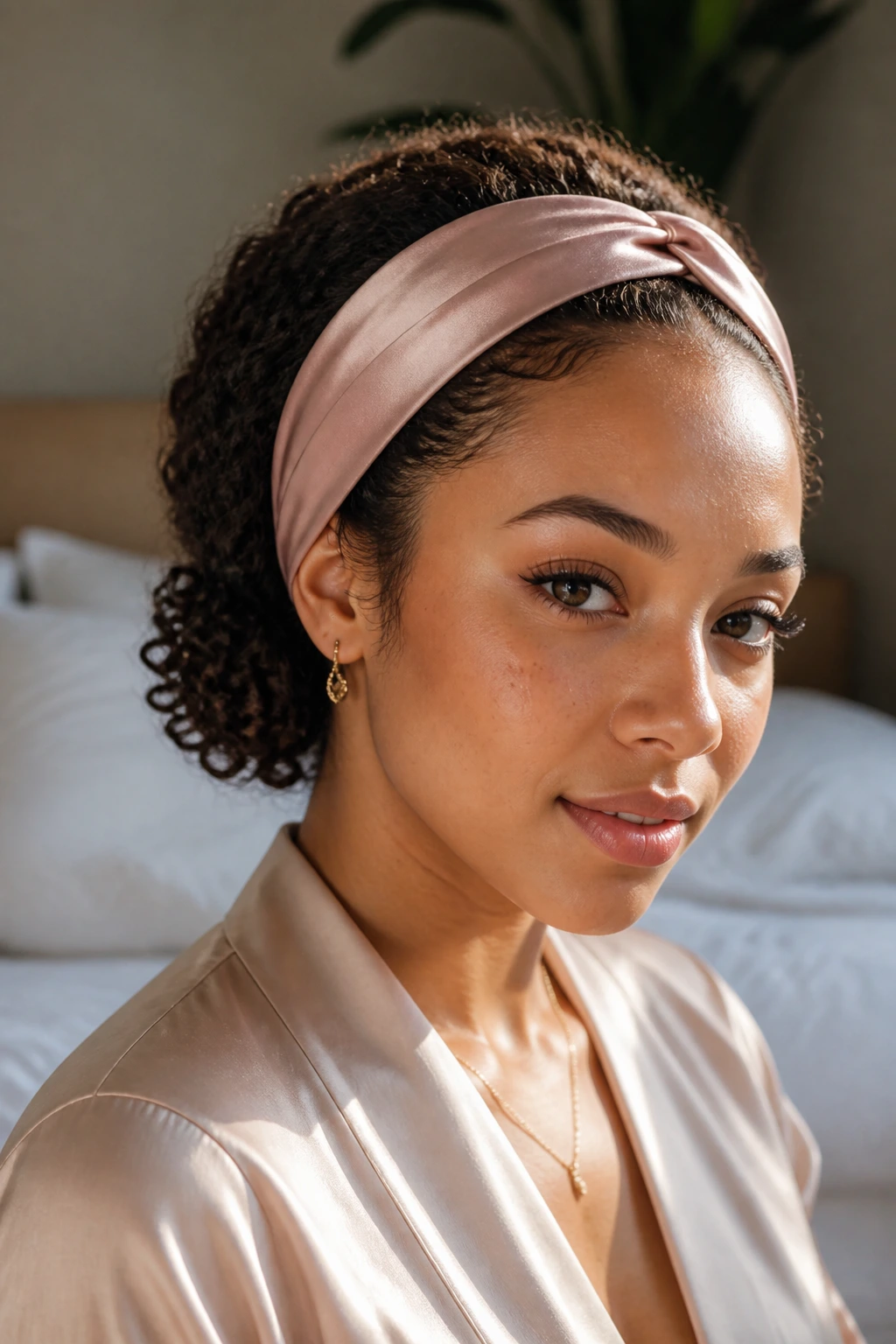 Close-up of a real woman with a headband tuck, curls tucked under the headband