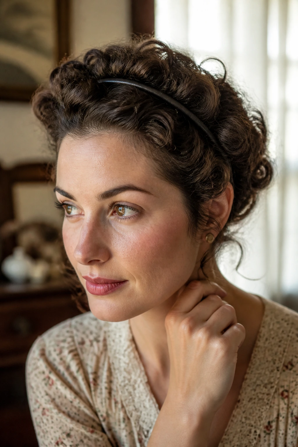 Close-up of a real woman wearing a half-moon headband tuck in curls.