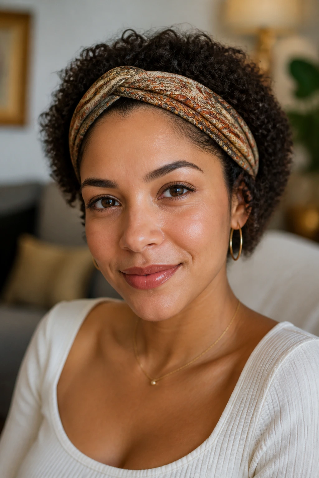 Portrait of a real person wearing a fabric headband with hair tucked around it