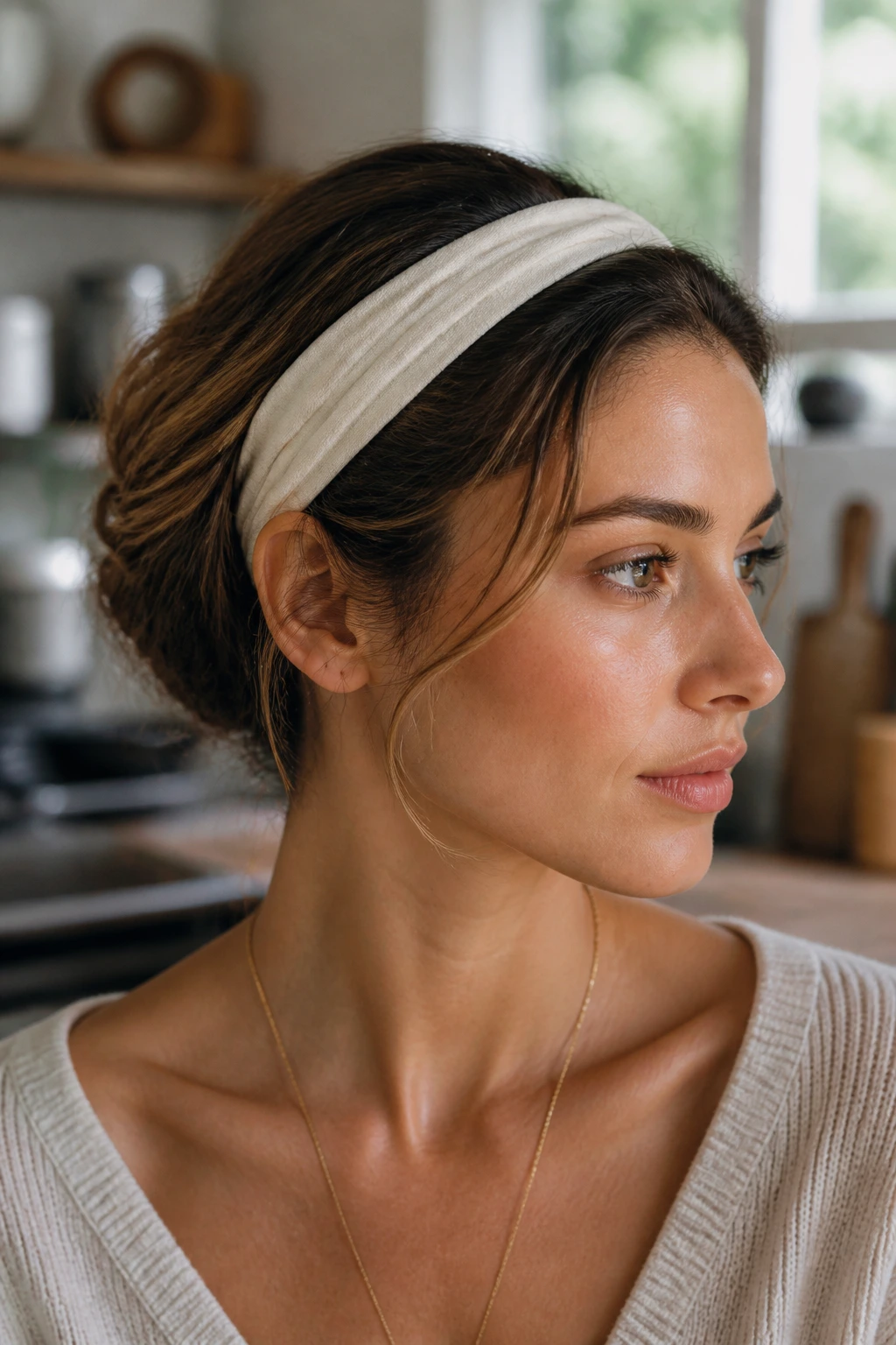 Close-up of a real woman with a headband tuck hairstyle.