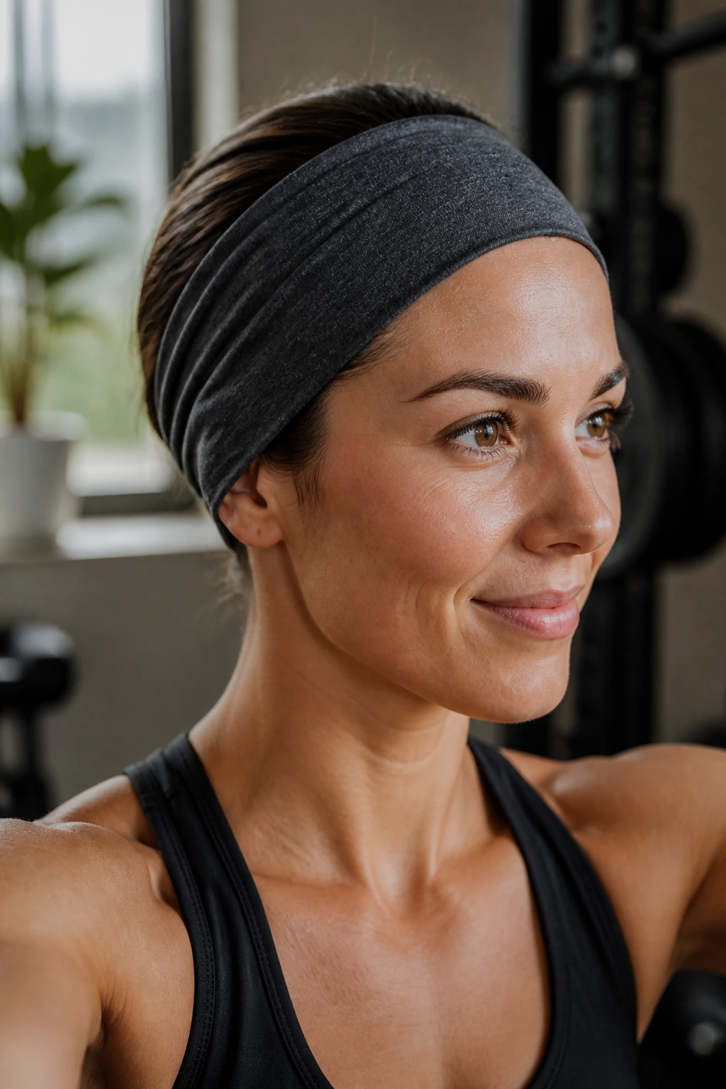 Close-up of a person with a headband tuck hairstyle