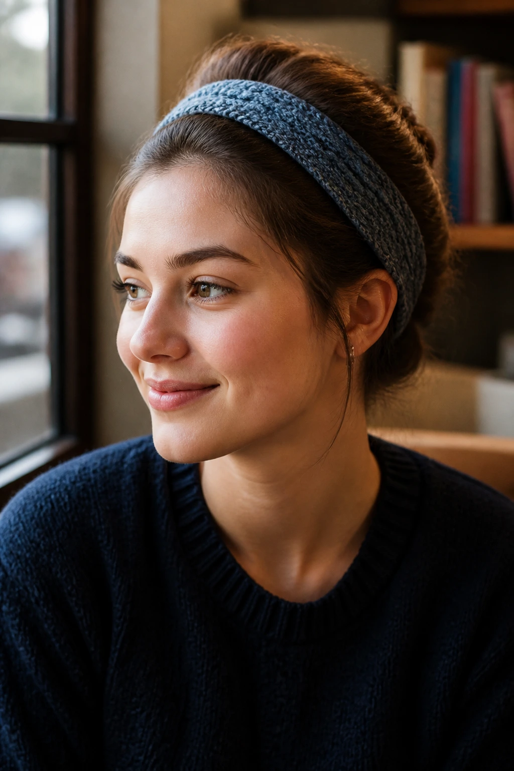 Portrait of person with fabric headband tuck hairstyle.