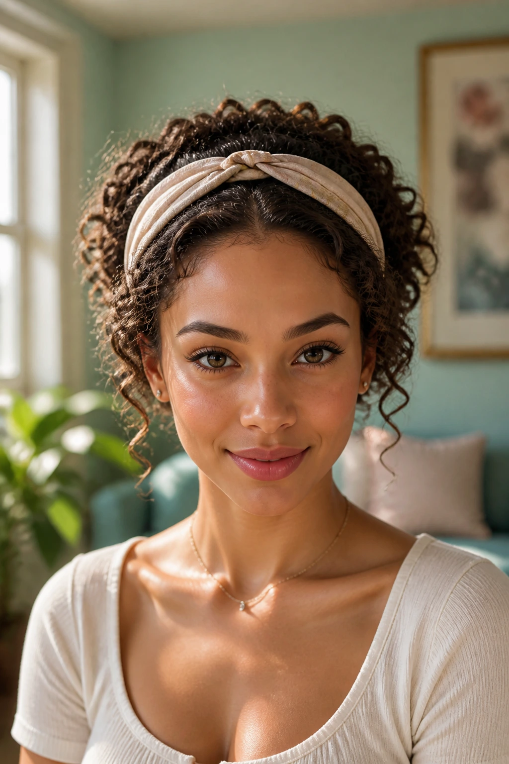 Front portrait of a real woman wearing a headband with tucked curls